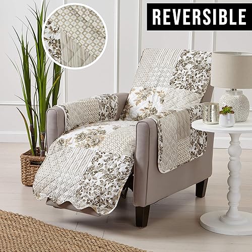Miniatura 3 de Great Bay Home Funda reversible de patchwork para silla reclinable - Protector de muebles lavable con correas elásticas - Funda para sofá