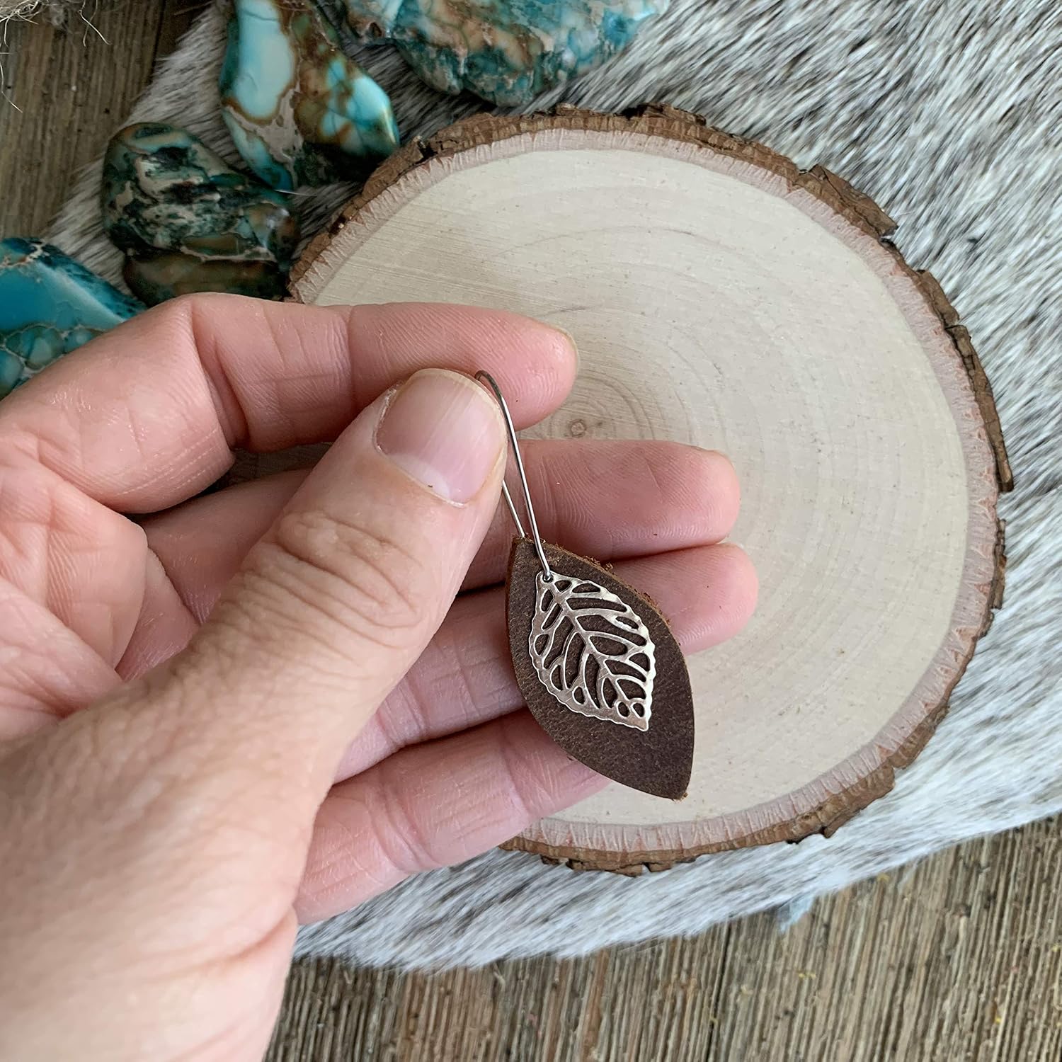 Leather Leaf Earrings Rustic Brown Leather Petal with Metal Leaf Charm Small Lightweight Bohemian Dangles