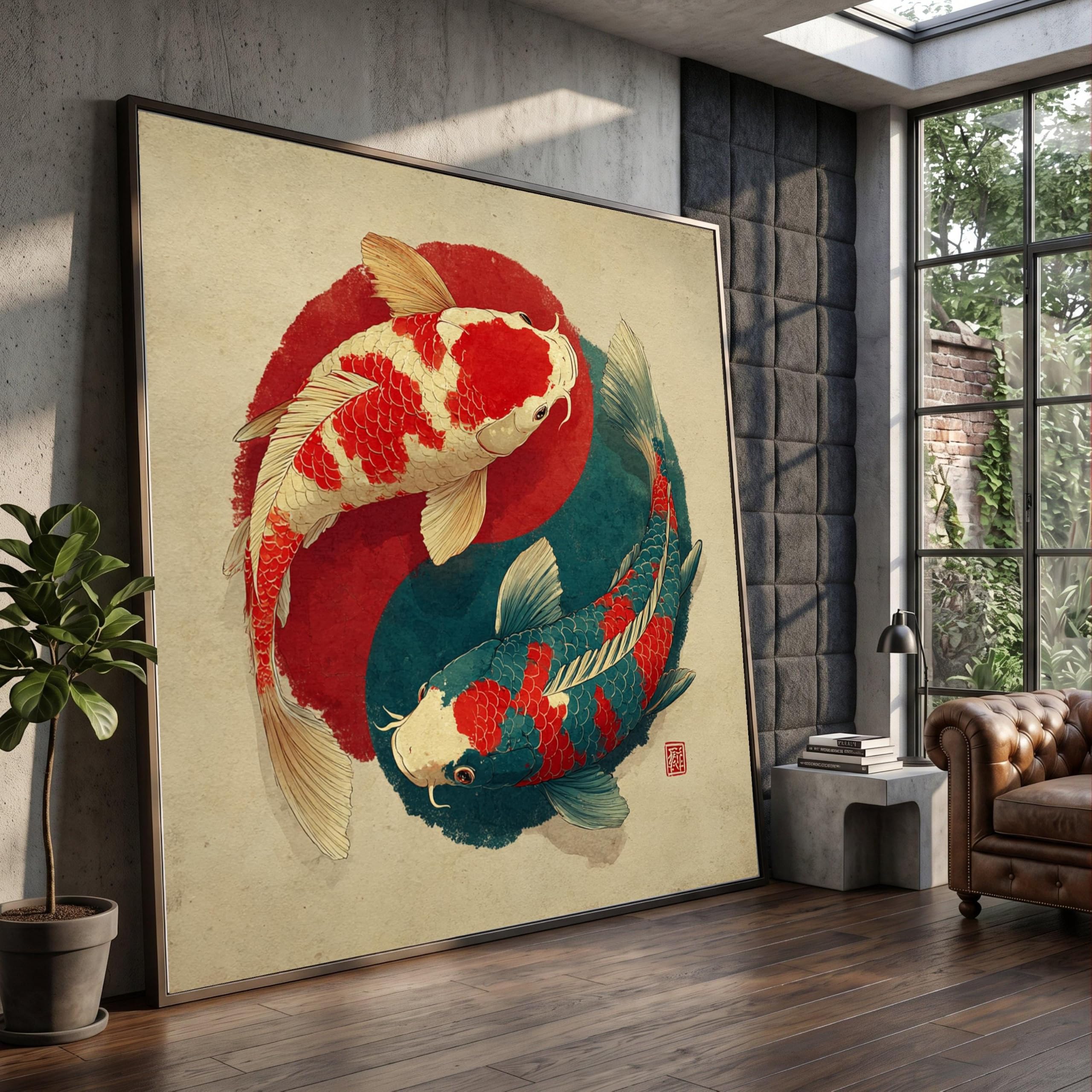 LMYCHENG Yin Yang Koi Fish Canvas Oil Painting, Japanese Watercolor Wall Art, Zen Vintage Decor Posters and Prints(20x20cm/Frameless)