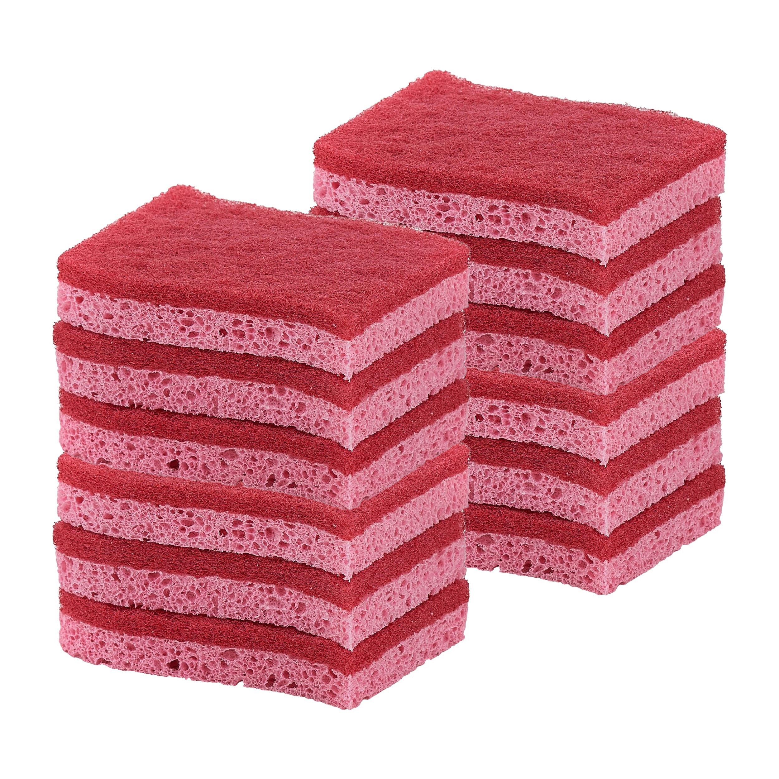 Superio Non-Scratch Cellulose Sponge Kitchen Scrub Sponges with Scouring Pad Set, Good for Non-Stick Cookware Frying Pan, Pot, Counter Top, Sink Scrubbing, Kitchen Scrubbers, Pack of 12, Red/Pink
