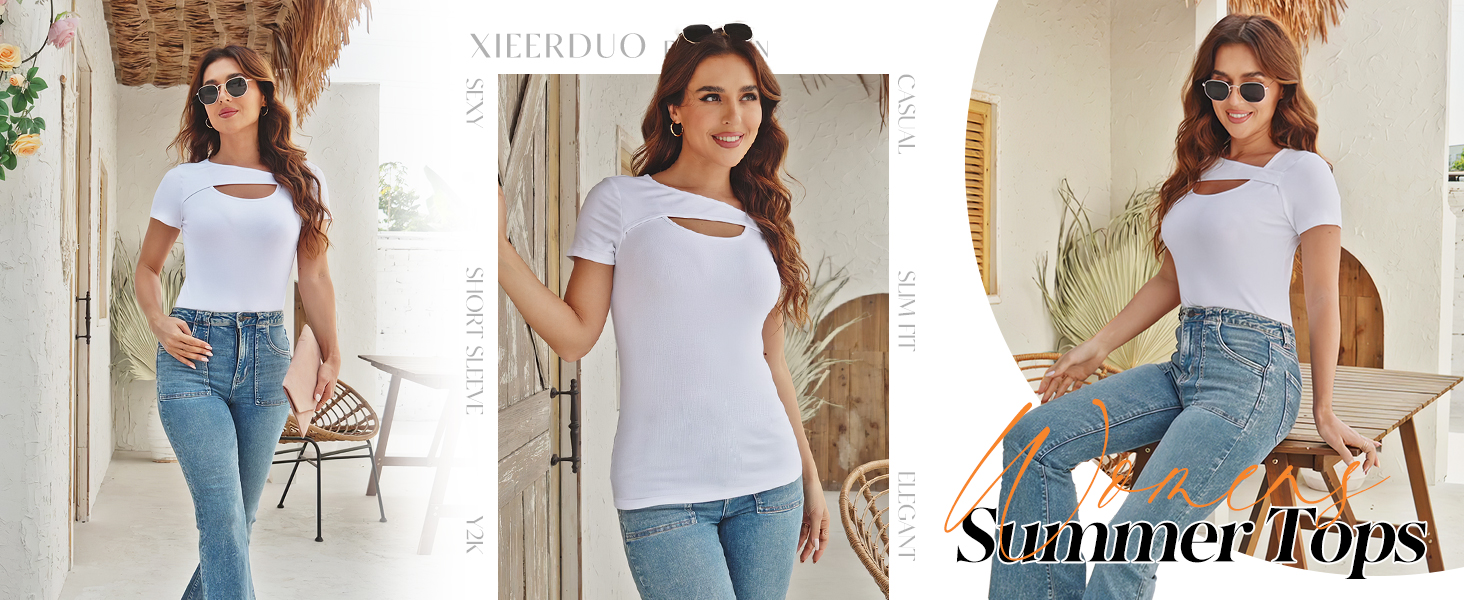 XIEERDUO Women's Casual Short Sleeve Top | Cute Flowy V-Neck Blouse With Puff Sleeves (Navy, XL)