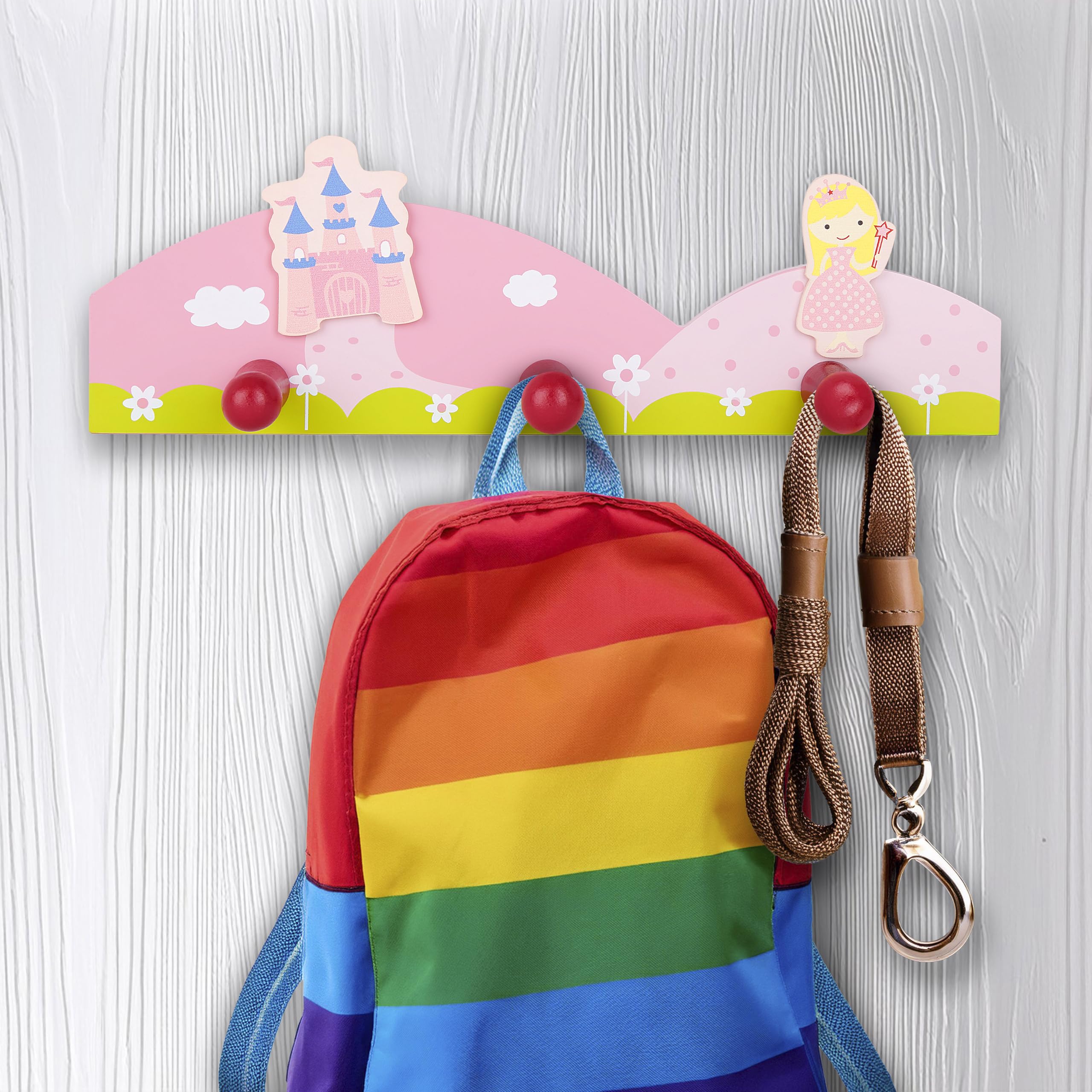 Mousehouse Gifts Triple Gancho percheros de Pared Infantil Hecho de Madera en Color Rosa y decoración de Princesas para la habitación de niñas y bebés