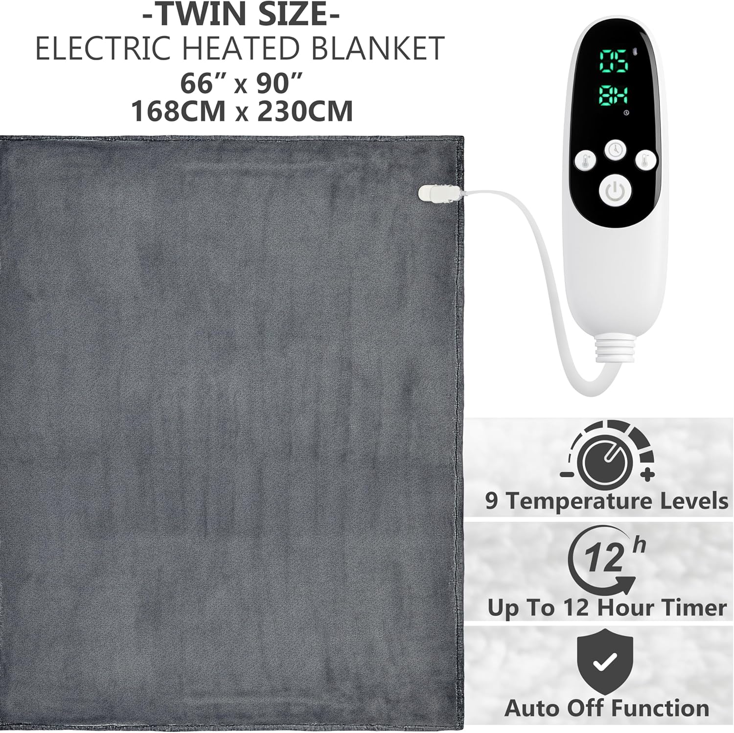 Get Trend Heated Blanket Electric Luxurious Fleece Twin Blanket, 9 Heat Settings & 12H Auto Shut-Off, Gifts for Grandma, Grandpa, Seniors 65x90 in (Dark Grey, Twin US) Dark Grey Twin US