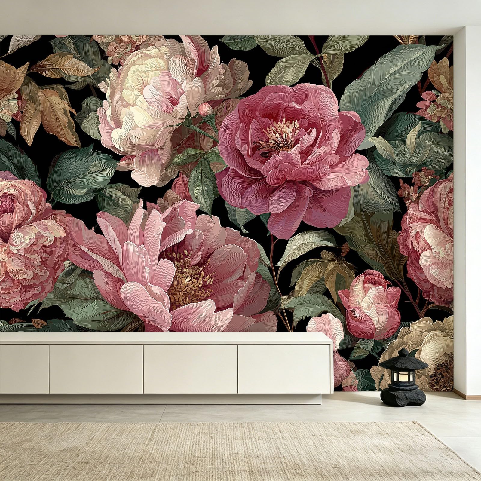 Panoramiczna tapeta w stylu vintage barokowe kwiaty 200 x 140 cm gigantyczny plakat fototapeta z włókniny - do salonu, sypialni lub pokoju dziecięcego - rośliny gałęzie liście różowe piwonie