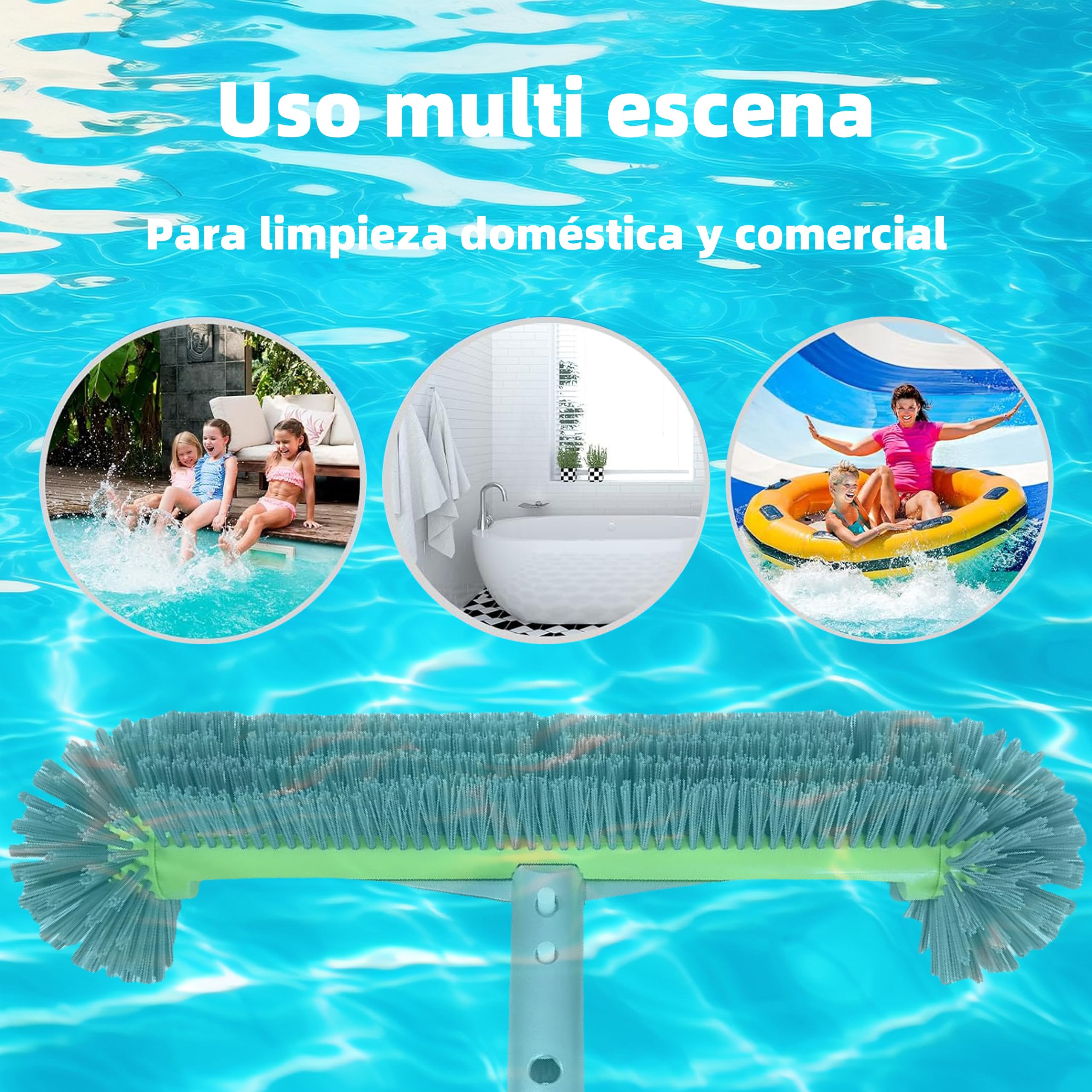 Cabezal de Cepillo para Piscina Desmontable con Cerdas Robustas 17,5″ – Cepillo Redondo para Limpieza Rápida de Paredes, Escalones Incluye Mango de Aluminio con Sistema EZ Clip Sin pértiga telescópica