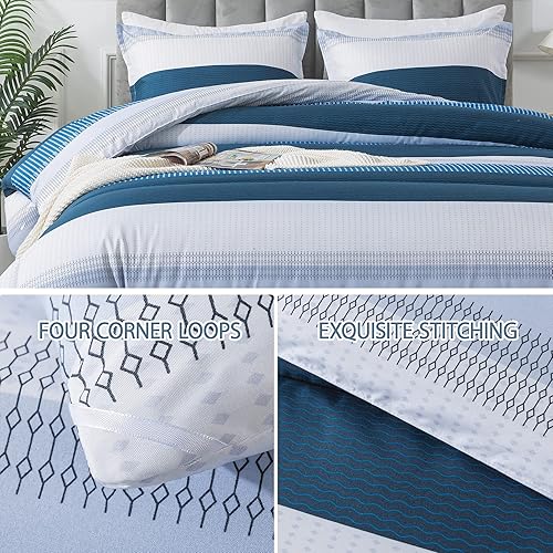 Miniatura 5 de Andency Juego de edredón a rayas tamaño Queen (90 x 90 pulgadas), edredón de 3 piezas azul marino a rayas, edredón de microfibra suave alternativo