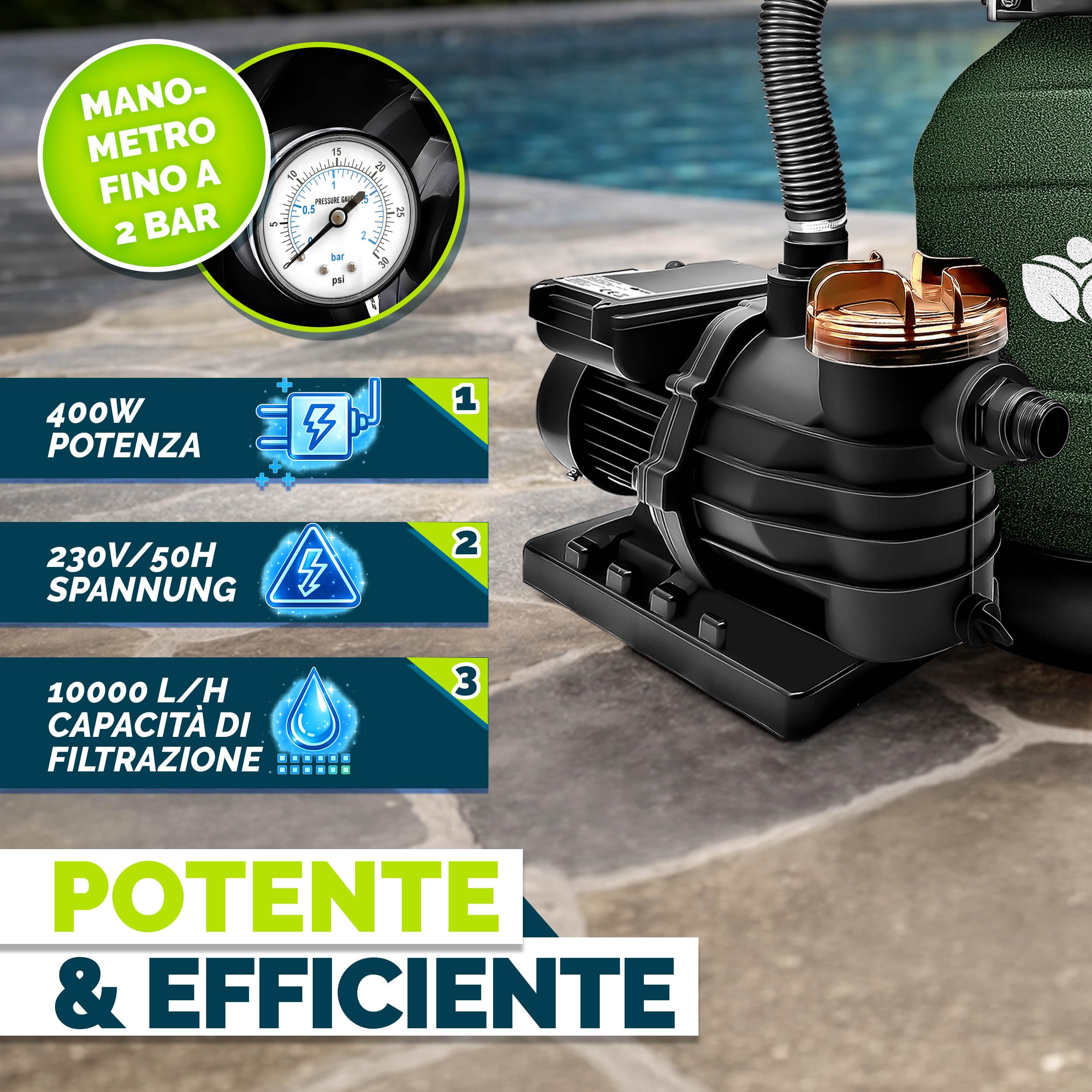 tillvex Depuratore d'acqua per piscina 10 m³/h 800 g sfere filtro Pompa filtro a sabbia con valvola