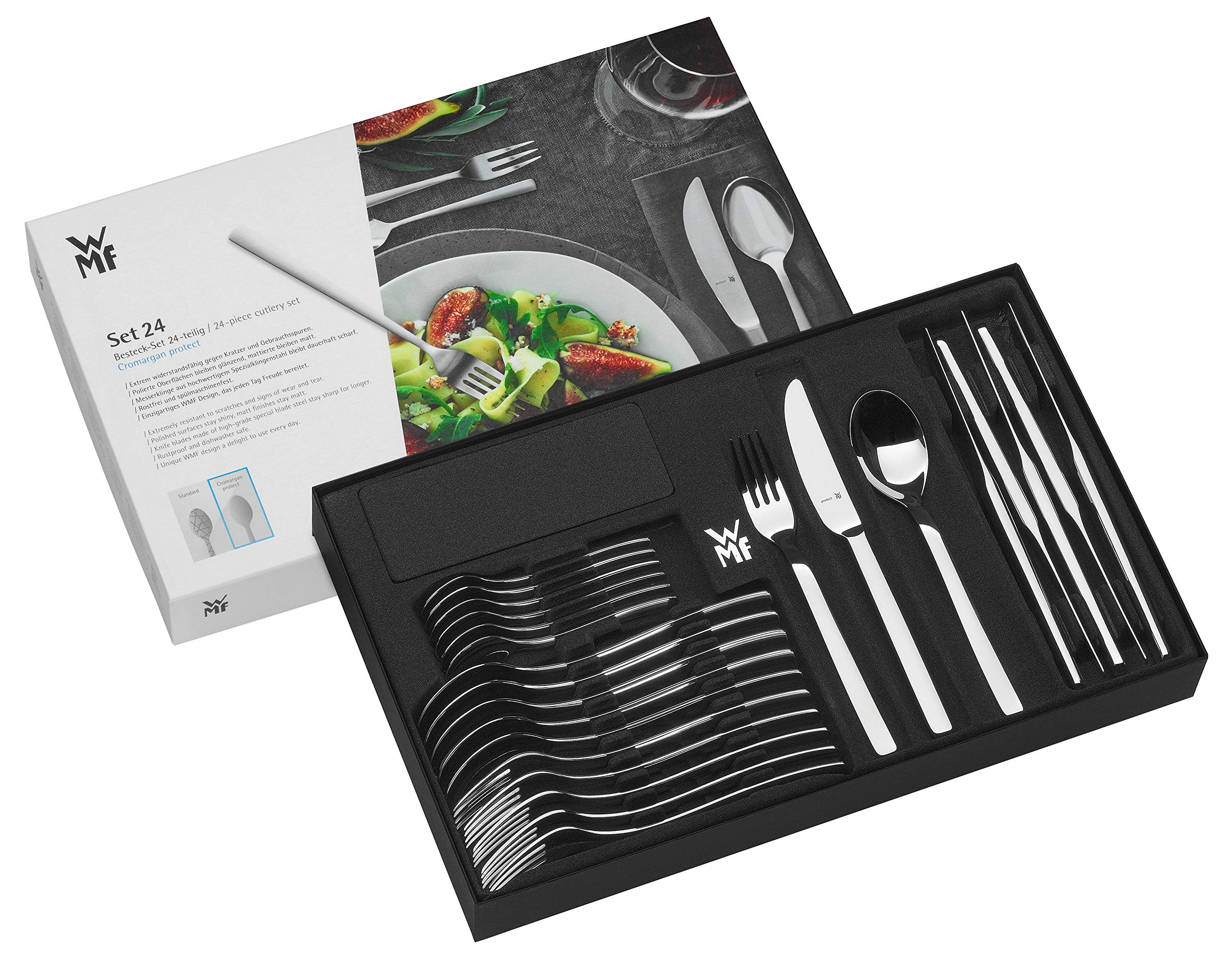 WMF Lyric Edelstahl Besteck Set 6 Personen, Essbesteck Set 24 teilig Monobloc-Messer, Cromargan protect poliert, kratzbeständig, spülmaschinenfest