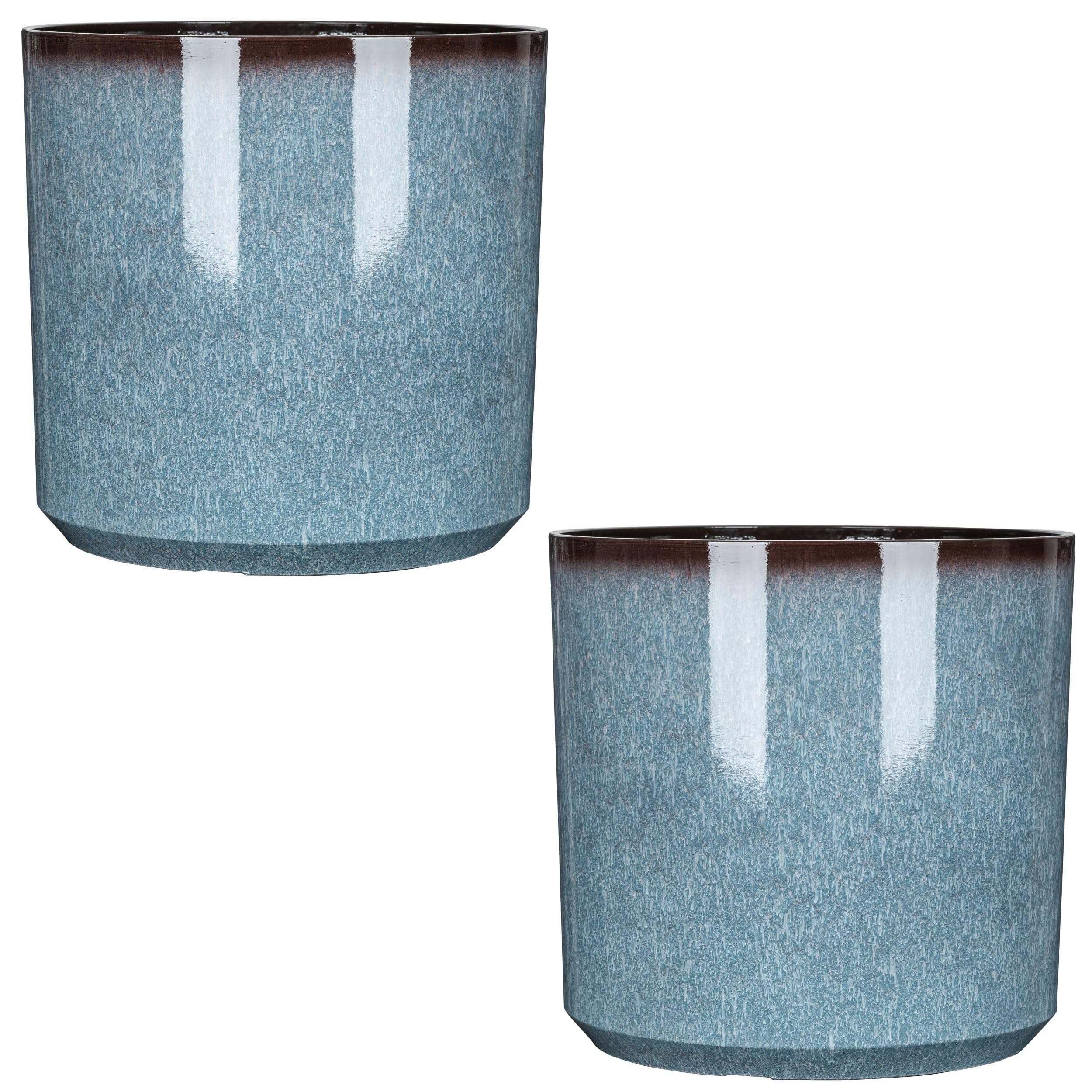 Garden Gear Blue Glazed Cylinder Planters 26cm Diameter Flower Pot Indoor and Outdoor Patio Pathway Durable Pots (2)