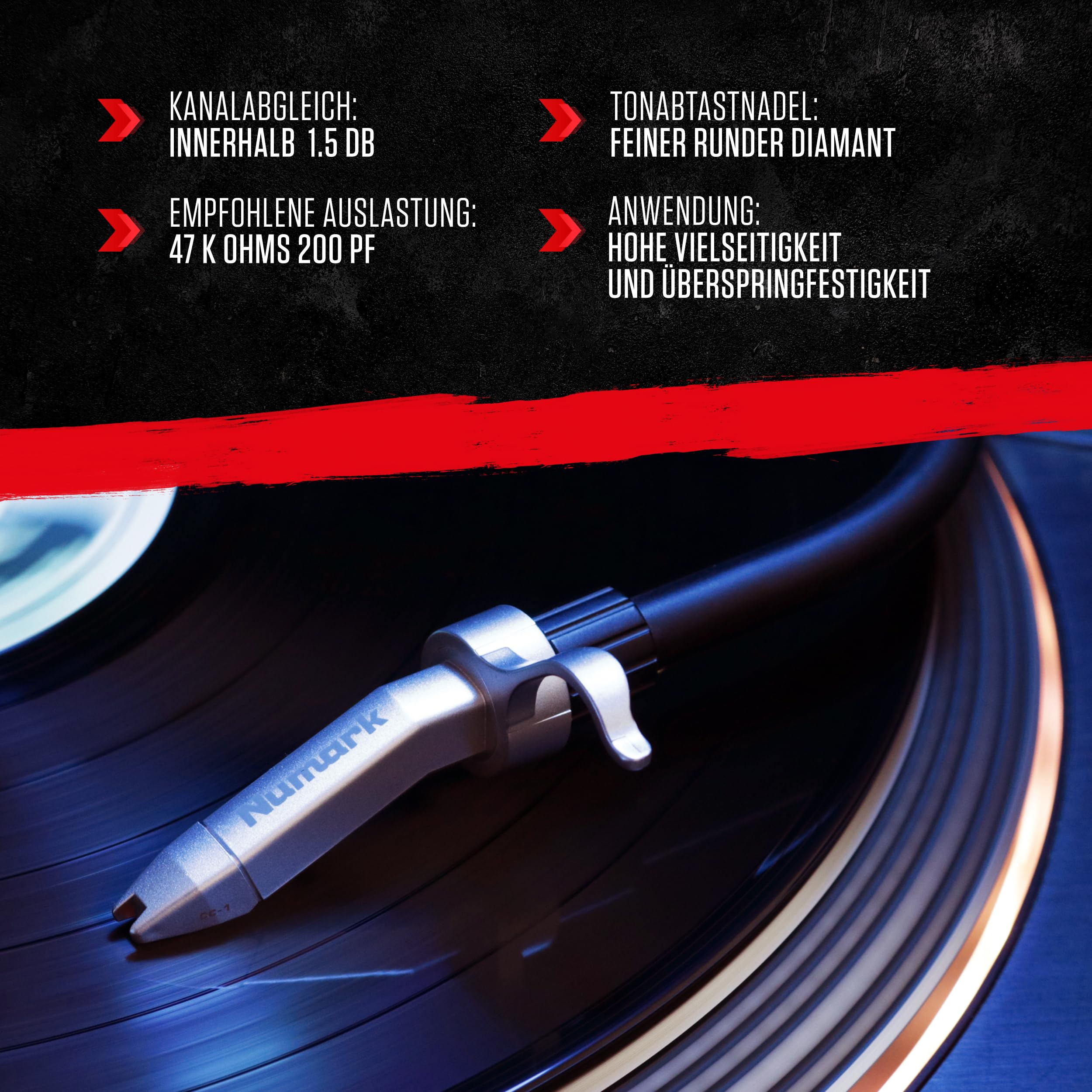 Numark CC-1 - Professioneller extra stabiler Ersatz-Tonabnehmer (Cartridge und Nadel) für DJ-Plattenspieler, perfekt für Mixen und Scratchen