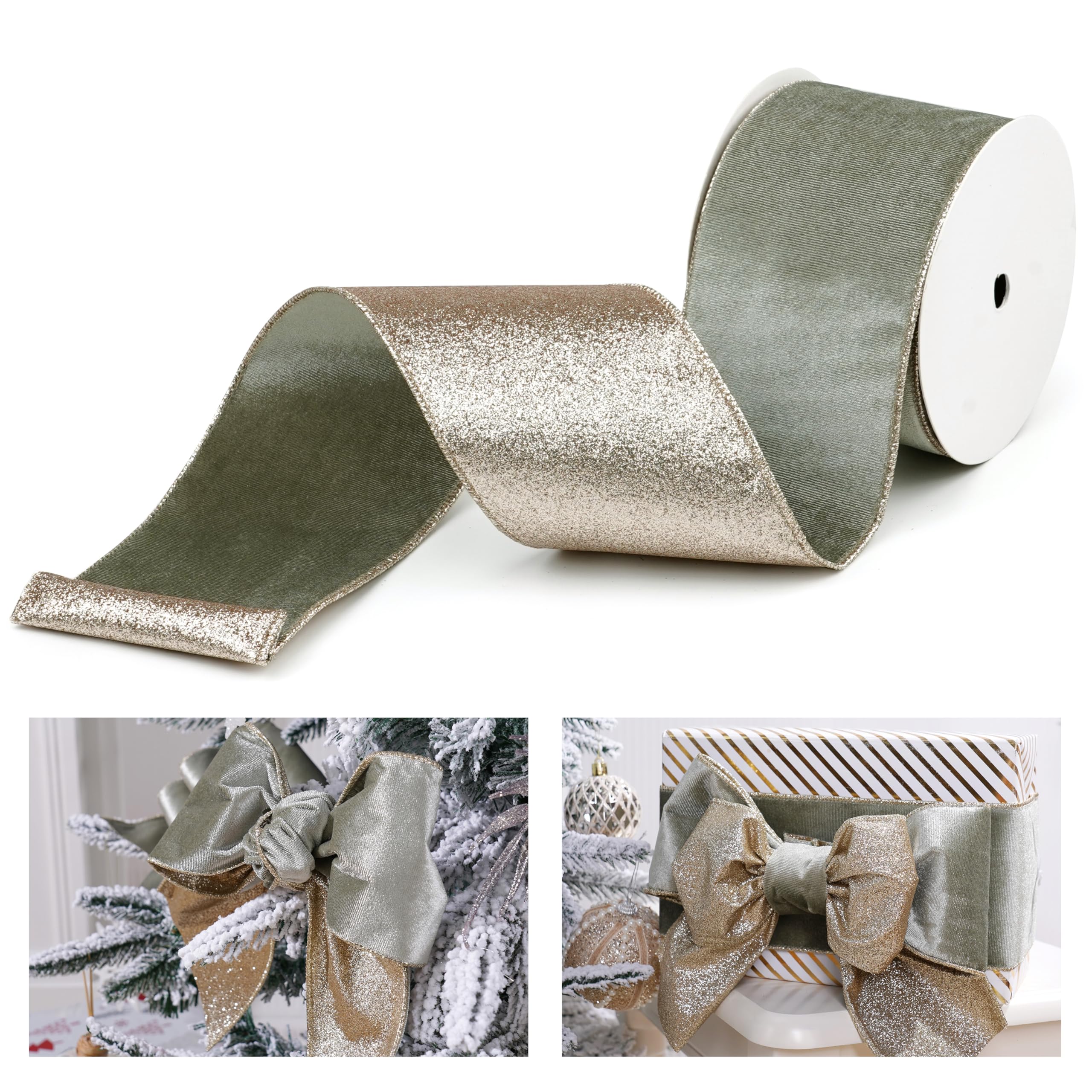 Samtband mit Glitzer-Rückseite, 10,2 cm, Grün und Gold, Weihnachtsband für Weihnachtsbaum, Geschenkverpackungen, Handwerk, Kränze, Topperschleifen (9,1 m)
