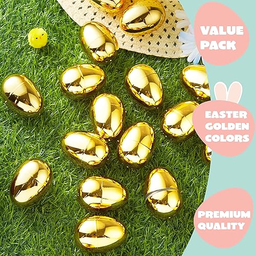 Miniatura 2 de JOYIN 24 huevos de Pascua dorados de 2.3 pulgadas, huevos de Pascua vacíos metálicos rellenables, huevos de plástico a granel para búsqueda de