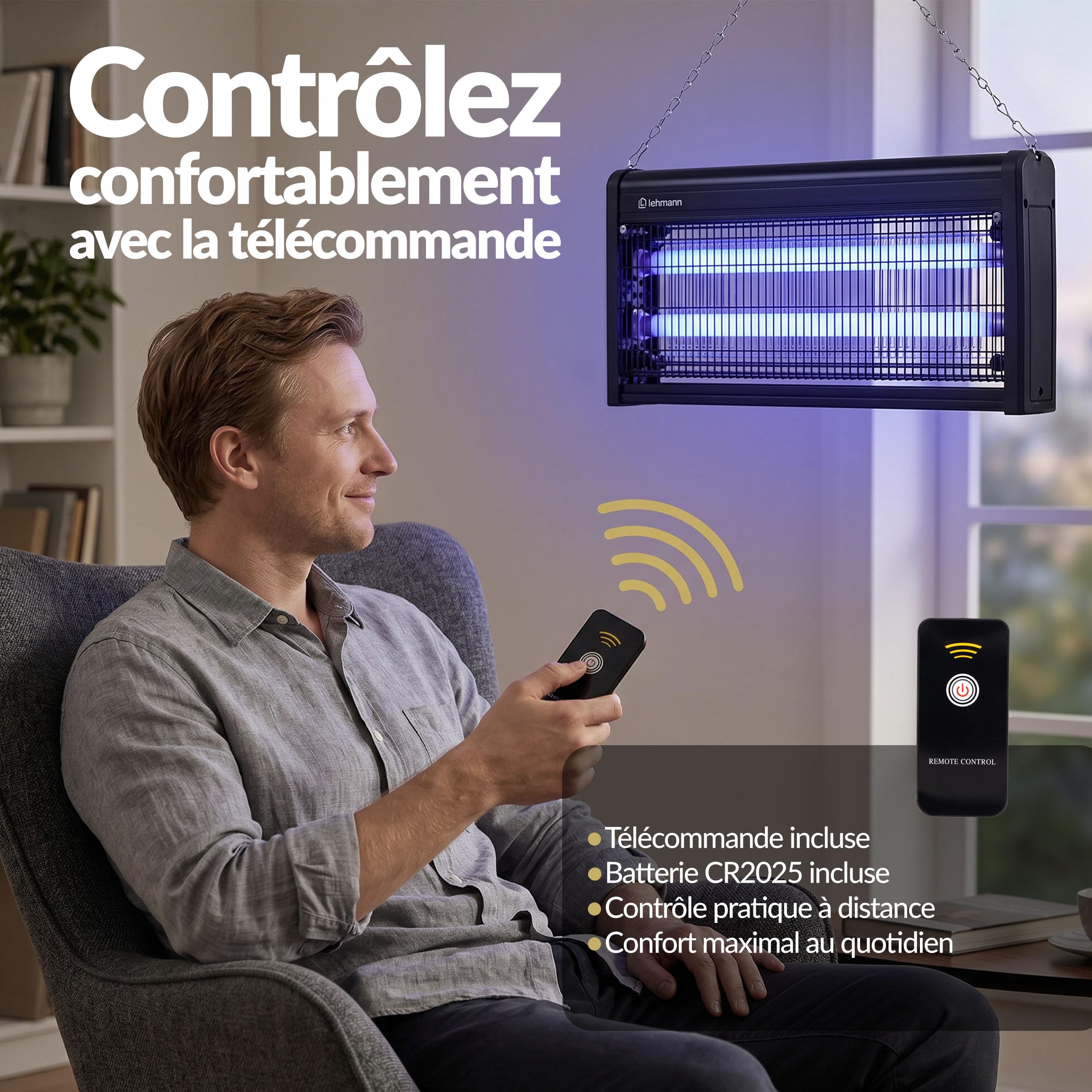LEHMANN Lampe Anti Moustique Electrique, 30 W, Appareil Anti Mouches, Insectes, Moustiques sans Produits Chimiques, Commande à Distance, Silencieux, UV Tue Mouche pour Surfaces Jusqu’à 300 m²