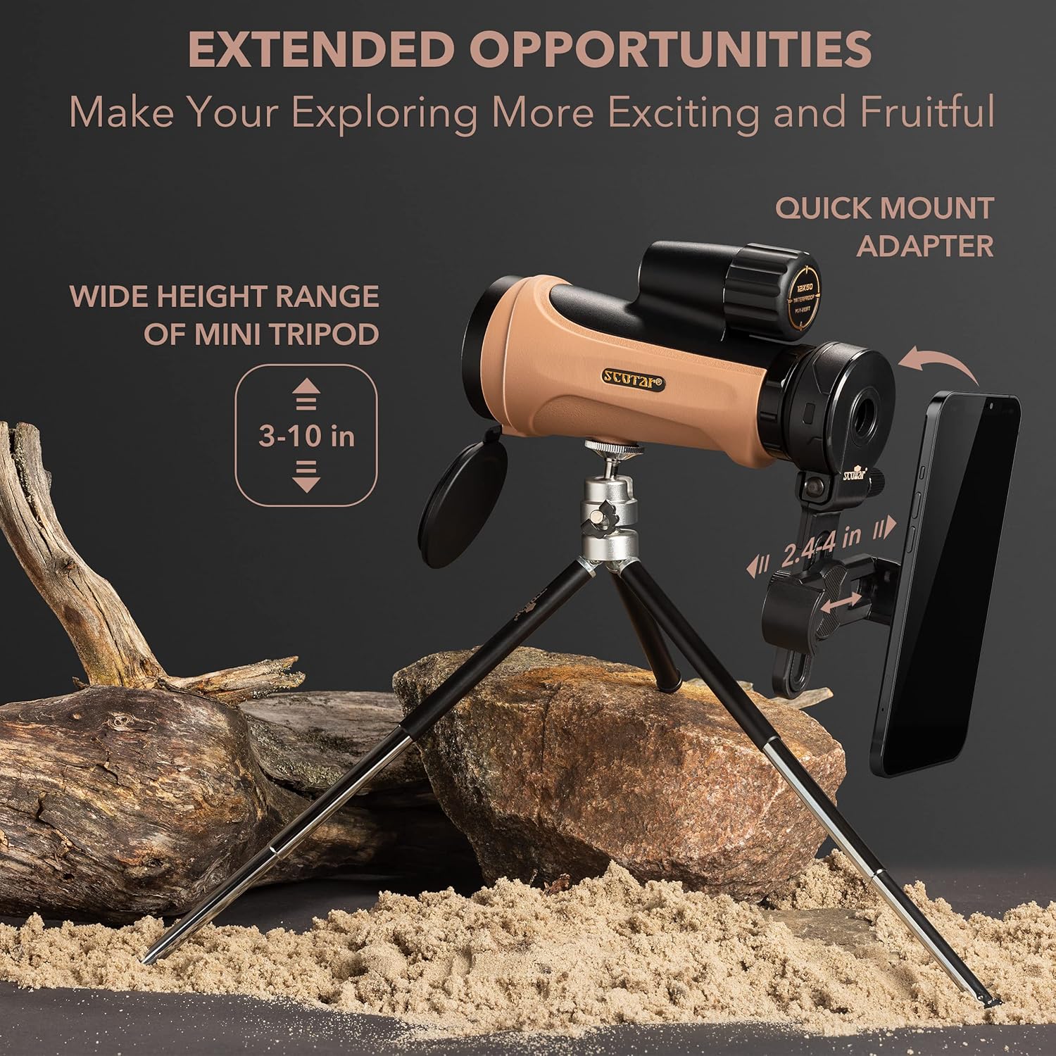 12x50 Monocular Telescope - FMC Fogproof, IP67 Waterproof Hand Held Telescope - BAK4 Phase and Dielectric Coated Prism - Adventure Accessories Set: Bag, Smartphone Adapter, Mini Tripod - Image 5