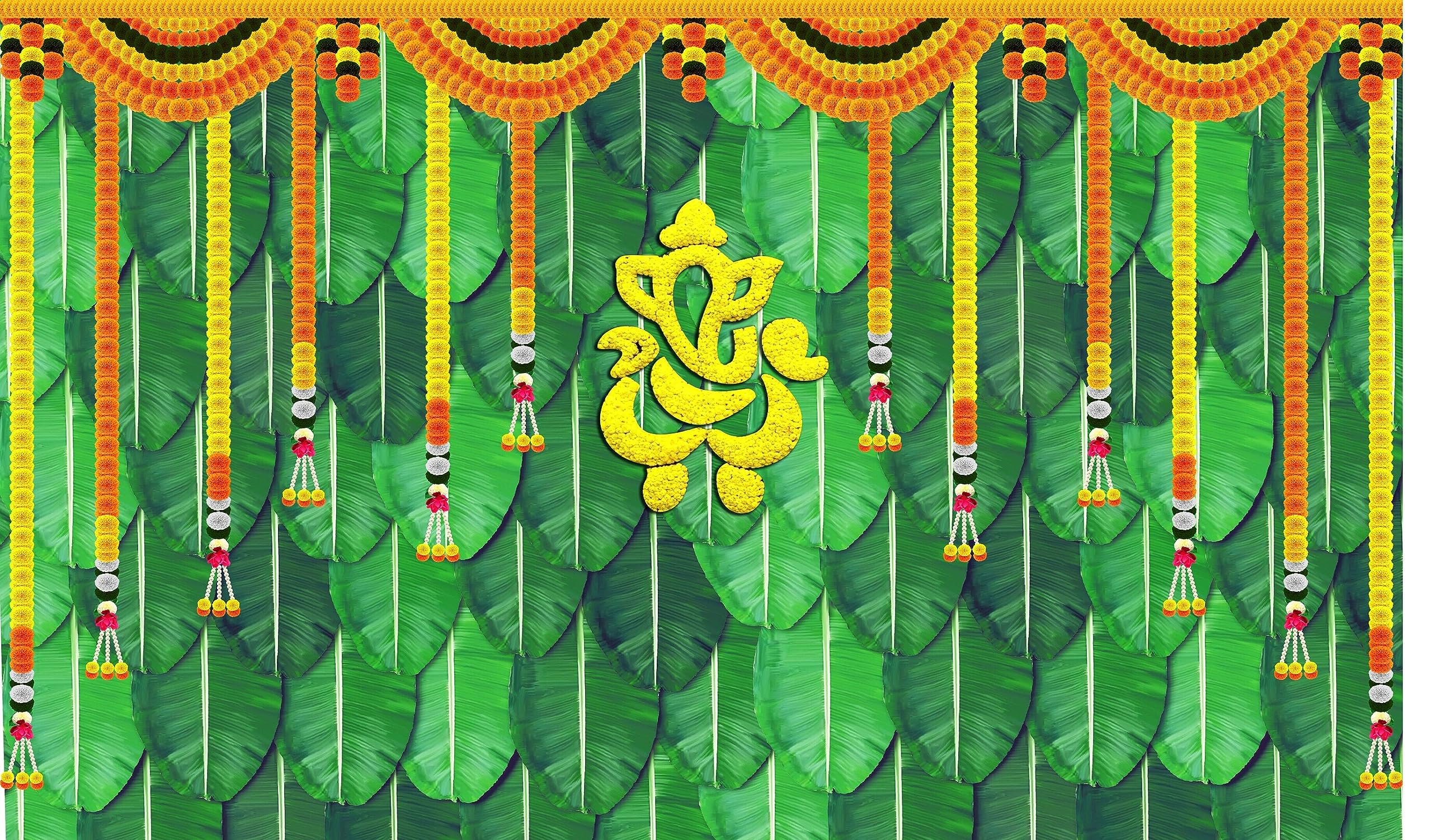 Ashvath Fashion Marigold Flower with Banana Leaf and Ganeshji Design Backdrop Curtain Cloth for Pooja Decoration Traditional/Background Fabric-Polyster Size-5 Feet Height and 8 Feet Width(5 * 8)-image-3