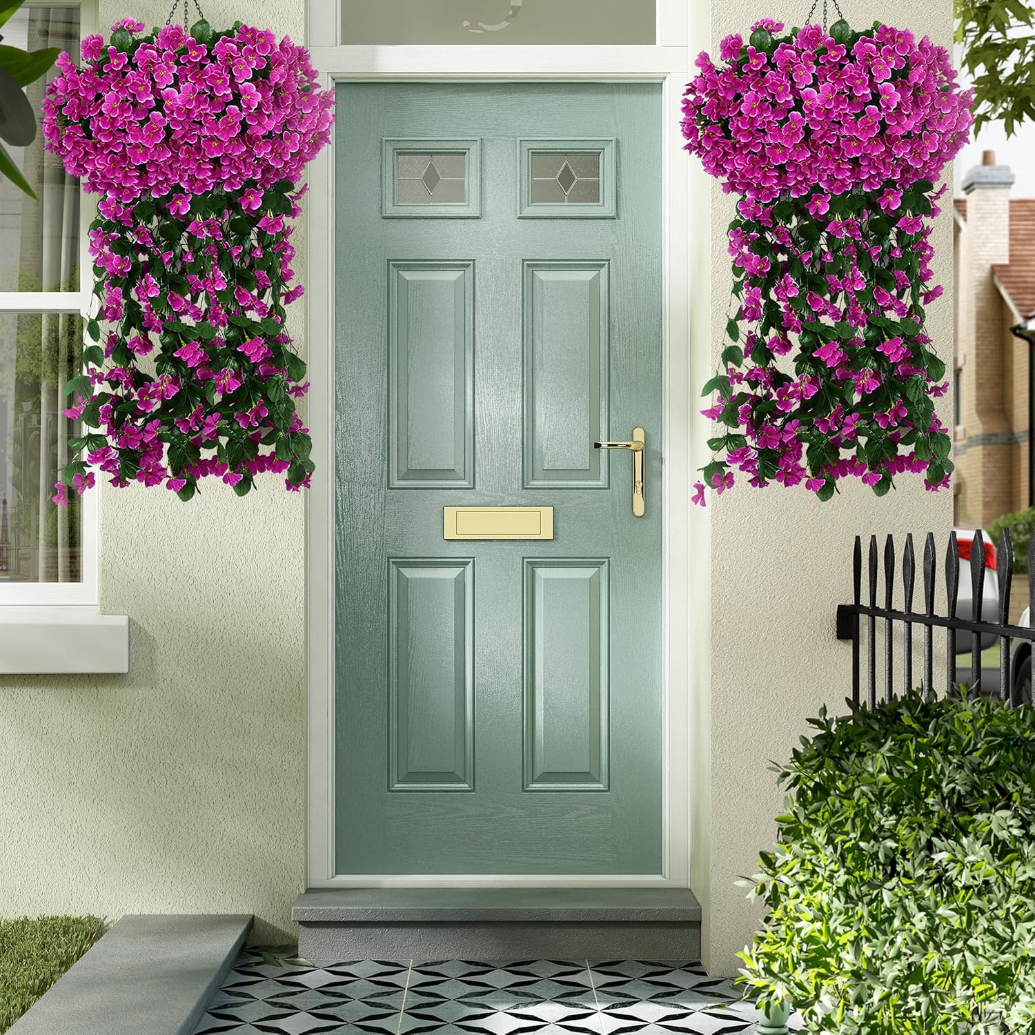 Fake Plants Violet Hanging Plants Artificial Flowers for Outdoors, 2 Pcs Large Bushy Silk Faux Flowers, Look Real Trailing Vines UV Resistant Plants for Outdoor Planters Home Porch Patio (2 Rose Red)