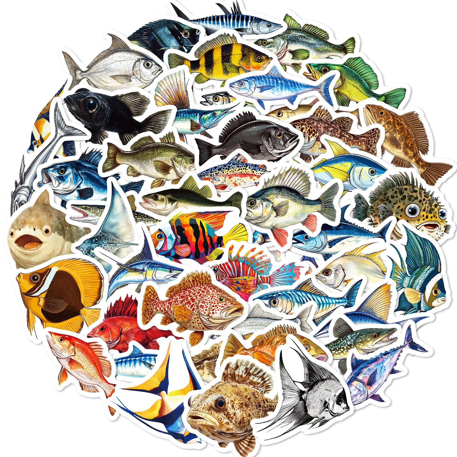 50 Pcs Deep Sea Fish Stickers Pack for Kids Teens, Funny Colorful Fish Vinyl Waterproof Stickers and Decals for Water Bottles Laptop Phone Motorcycle
