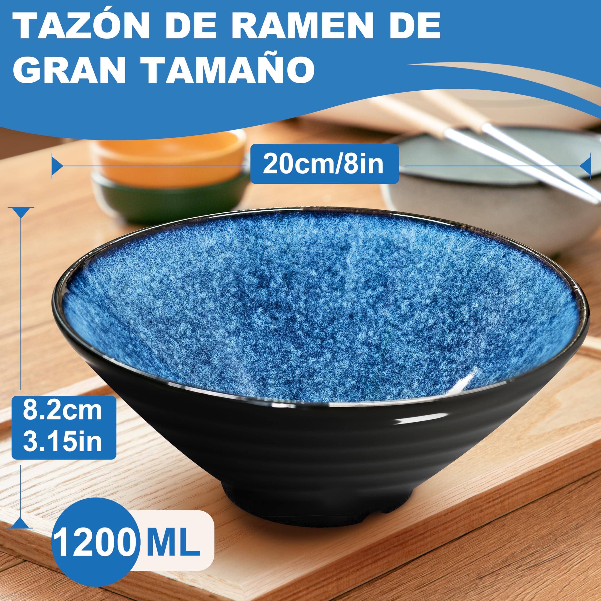 8 Pulgadas Juego De 2 Cuencos De Ramen De Cerámica (8 Piezas), Con Tenedor Palillos Chinos y Cuchara Cuenco Japonés para Sopa de Fideos Ensalada Ideal para Regalo Apto Lavavajillas y Microondas