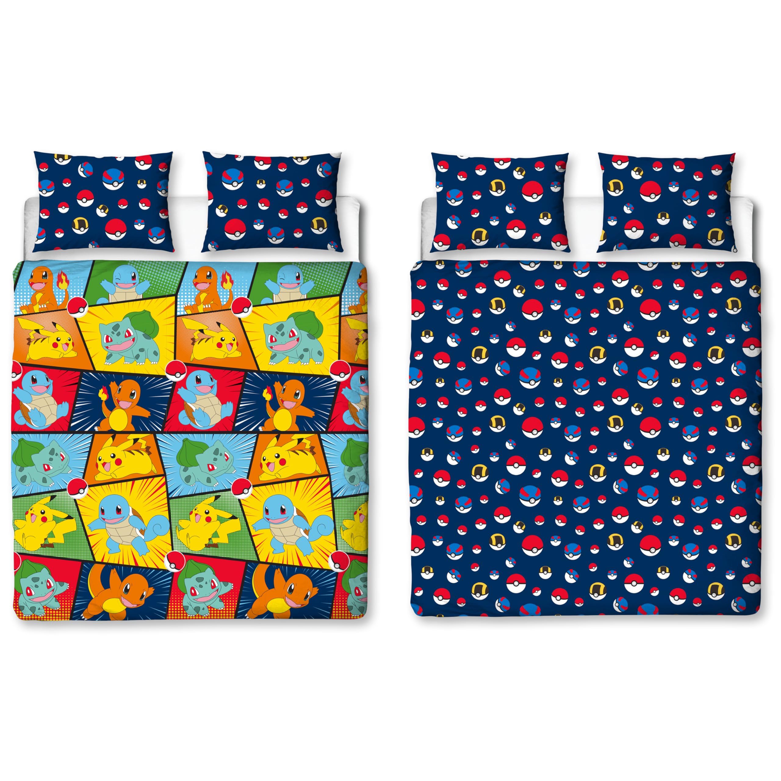 Pokemon Official Double Duvet Cover Set, Retro Design | Blue Reversible Pikachu Squirtle Charmander 2 Sided Bedding Cover Official Merchandise Including Matching Pillow Cases-image-29