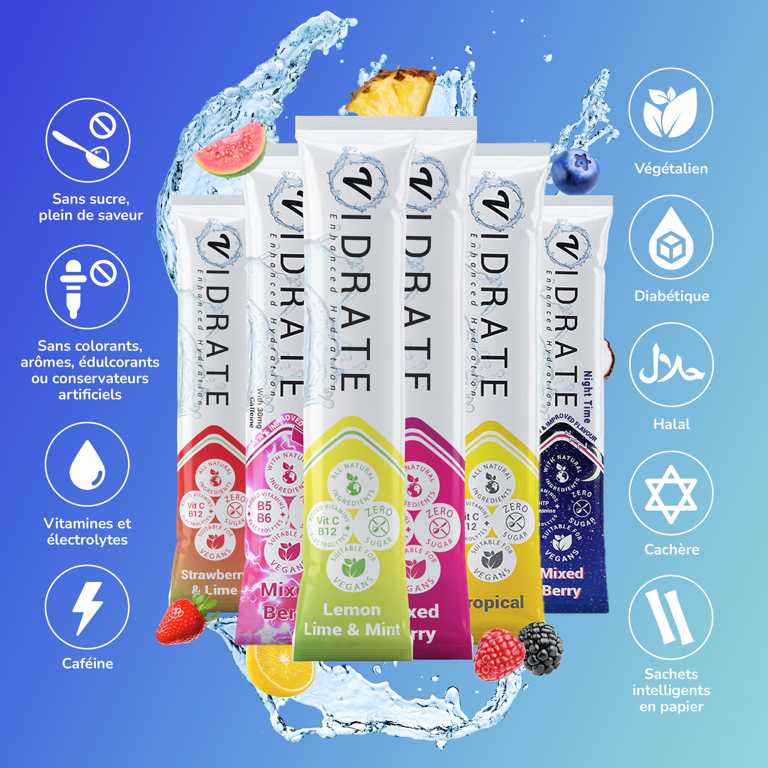 ViDrate 30 Variety Electrolyte en poudre - Électrolyte Hydratation sans sucre Boisson électrolyte pour adultes et enfants - Riche en vitamines, minéraux et compléments