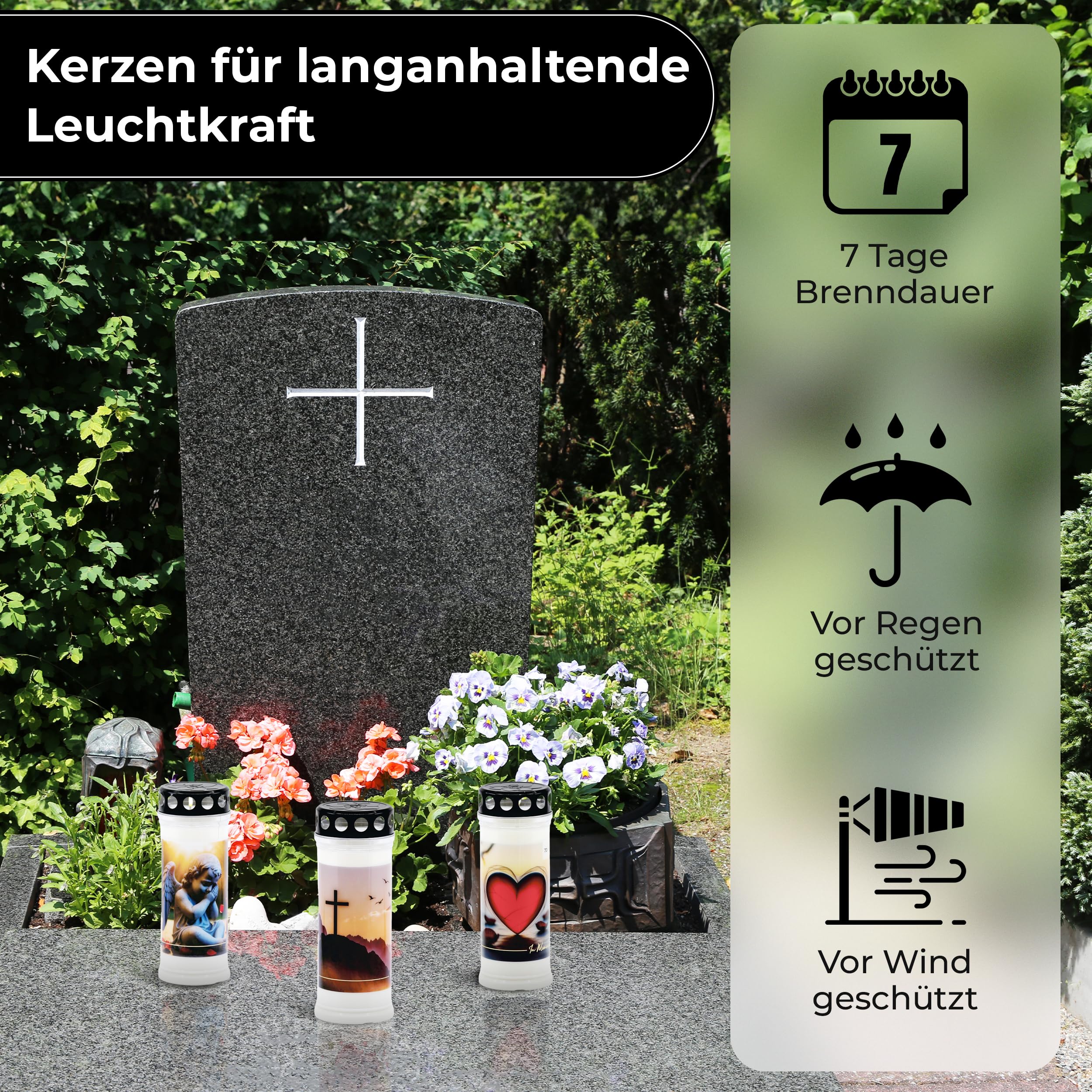 12er Set EMILAS GRABKERZEN 7 Tage Brenndauer – Trauerkerzen für ein stilvolles Grabdeko – Grabschmuck mit 5 Motiven – Grablichter mit Deckel – Friedhofskerze für Ruhestätten