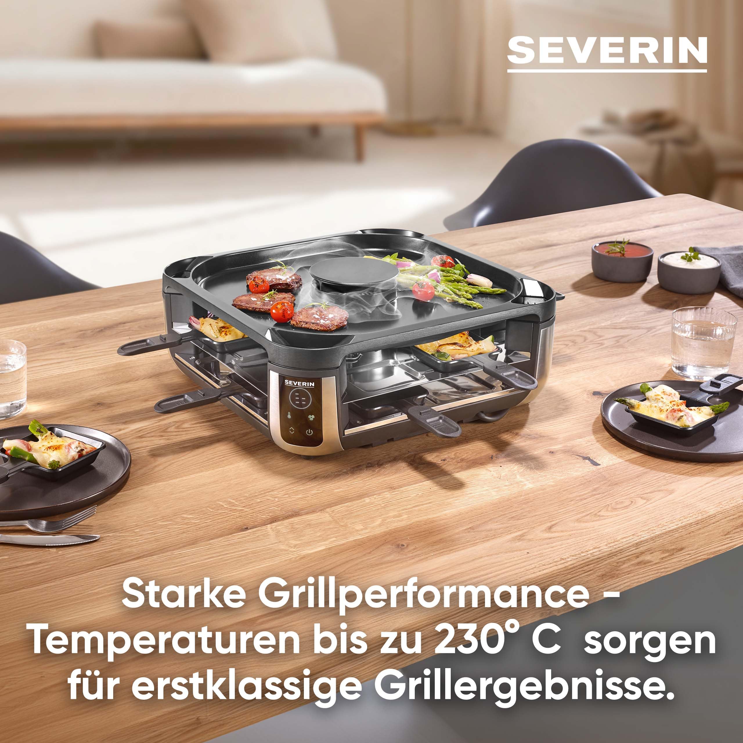 Severin S-Joy Sevento Raclette-Grill mit integriertem Umluft-Filter: weniger Rauch & Gerüche, Digital-Display, 8 Pfännchen & 8 Spatel, kratzfeste ILAG-Beschichtung, bis 230°C, 1900W, schwarz, RG 2350
