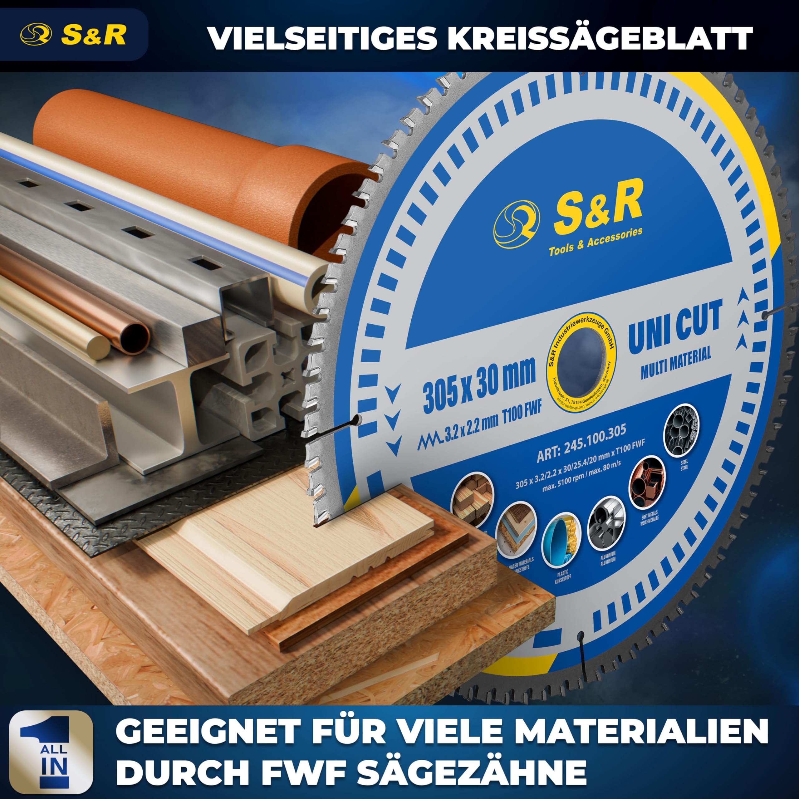S&R Kreissägeblatt 305 x 30 mm FWF-Design, 100 Wolframkarbid HW Zähne, Universal Multicut Sägeblatt für Holz, 4 mm Baustahl, NE-Metalle, Kunststoff, Aluminium, Mehrzweck-Sägeblatt, Reduzierringe