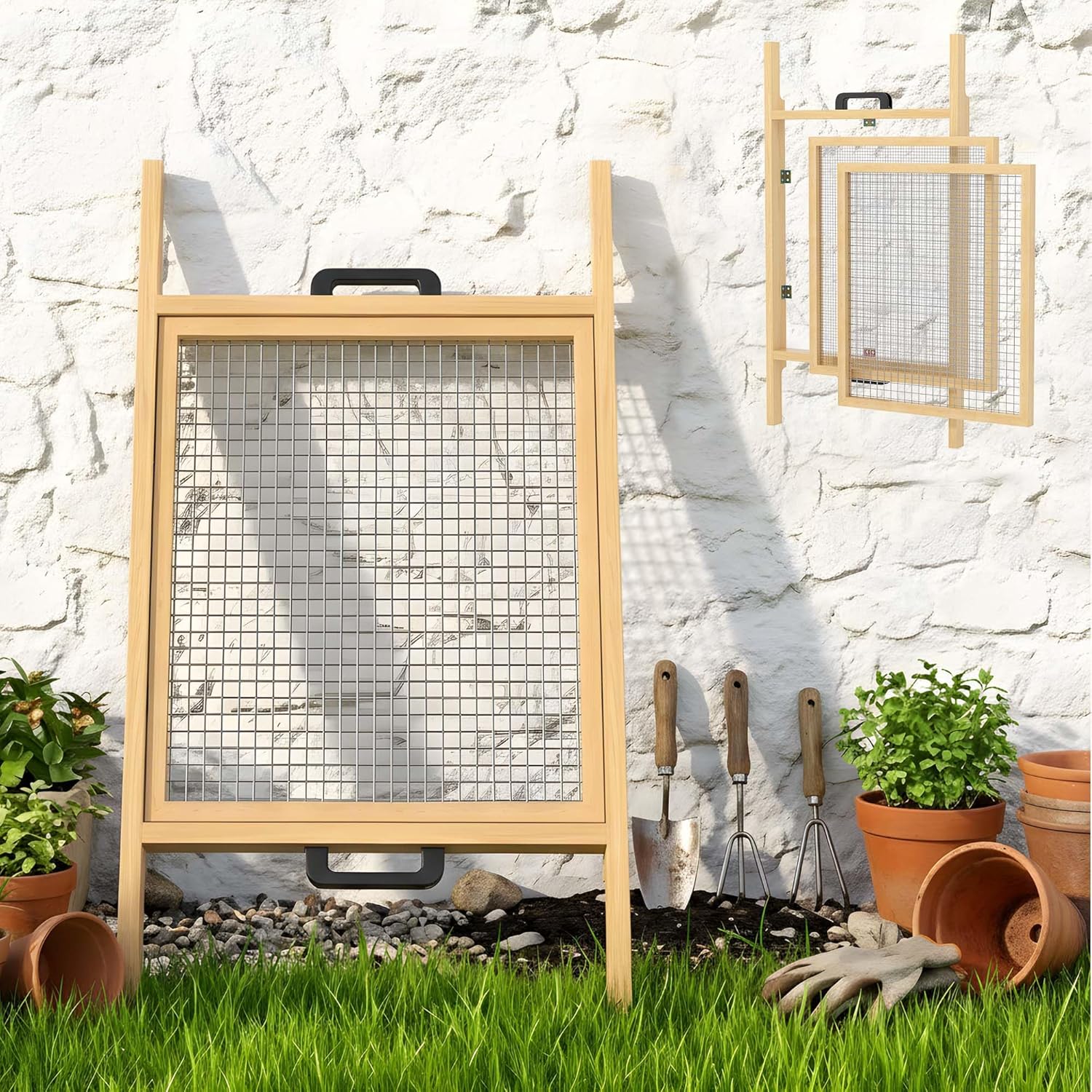 2-in-1 Large Soil Sifter with Interchangeable Mesh(1/4”-3/5"), Garden Rock Sifter with Strong Magnets for Easy Swap, Heavy Duty Garden Rock Sieve with 304 Stainless Steel for Soil, Leaves, Gravel