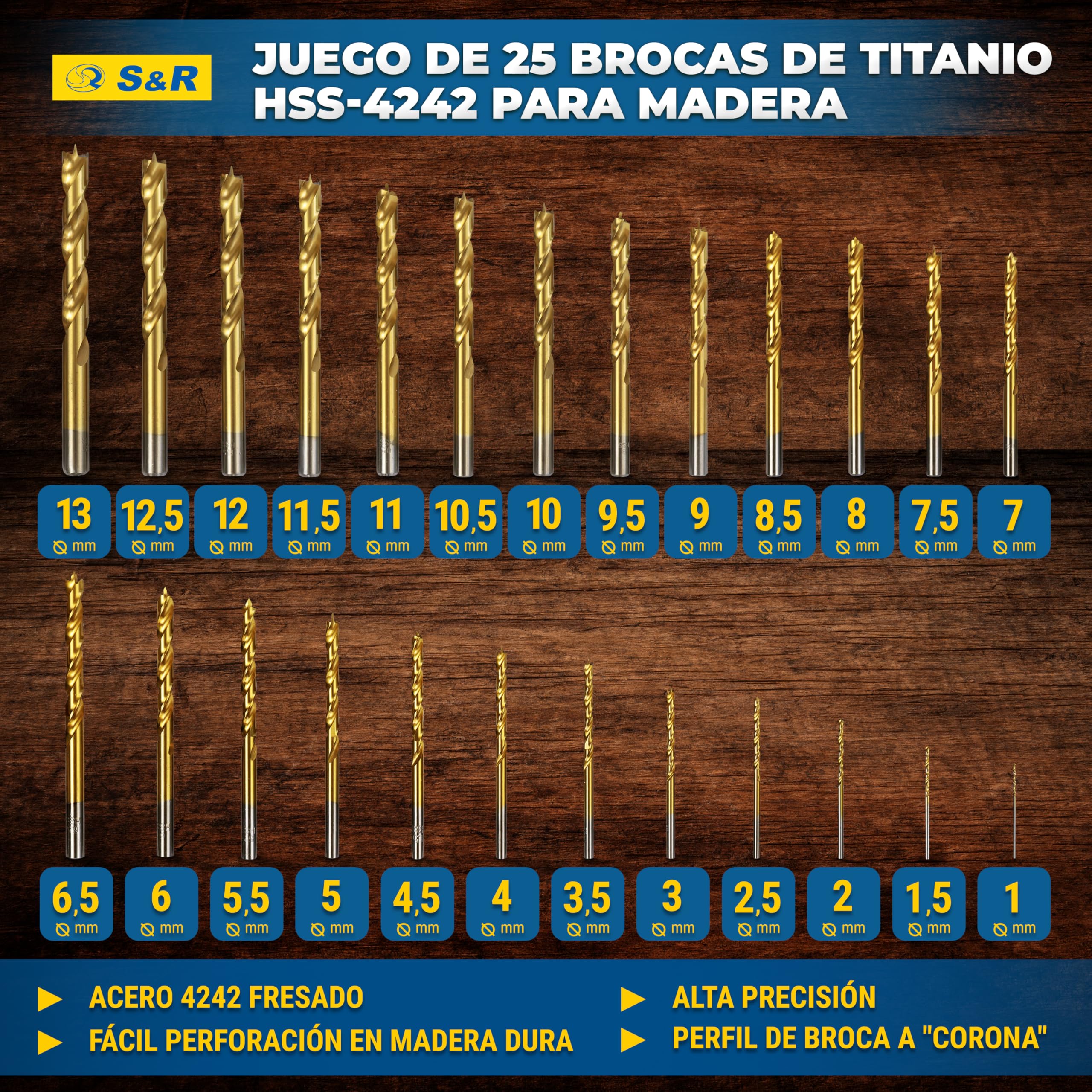 S&R Brocas para Madera Professionales 25 piezas 1-13 mm en acero HSS | 4241titanio - Brocas para taladro manual y de columna