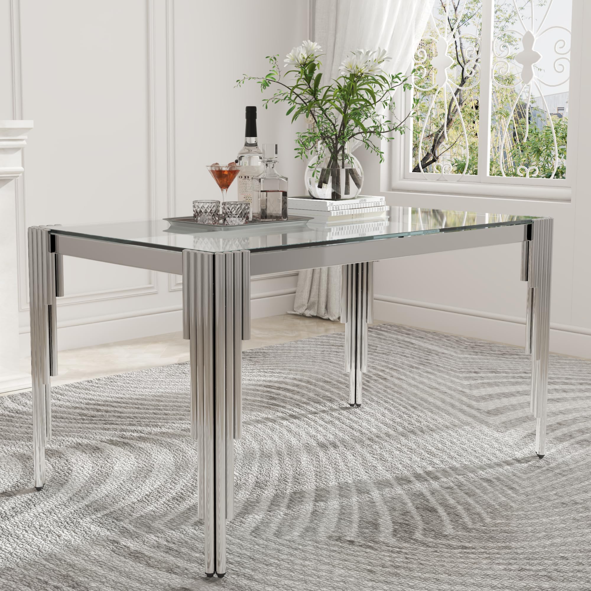 51'' Modern Glass Dining Table for 4 People,Tempered Glass Top Dining Room Table with Stainless Steel Base, Glass and Silver Dining Table for 4,