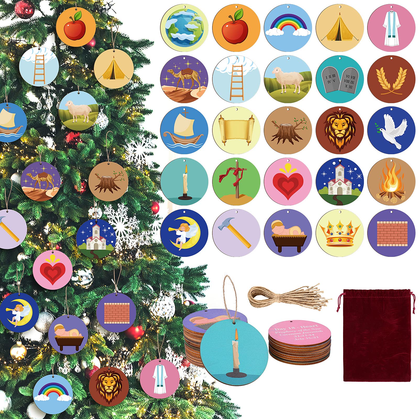Blulu 25 Pieces Jesse Tree Ornaments Wood Jesse Tree Advent Ornaments Christmas Advent Calendar Ornaments Wooden Christmas Tree Ornaments for Xmas Family Advent Celebration Hanging Decorations
