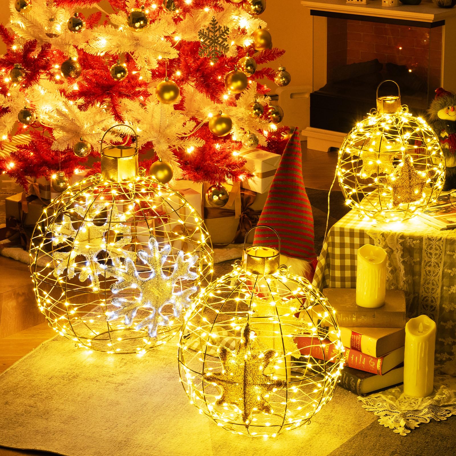 COSTWAY 3er Set LED Dekokugel, LED Kugeln zum Hinhängen & Hinstellen, Leuchtkugel, Deko Kugeln, Weihnachtsdeko, Weihnachtsbeleuchtung für innen und außen, Kugelleuchten für Weihnachten