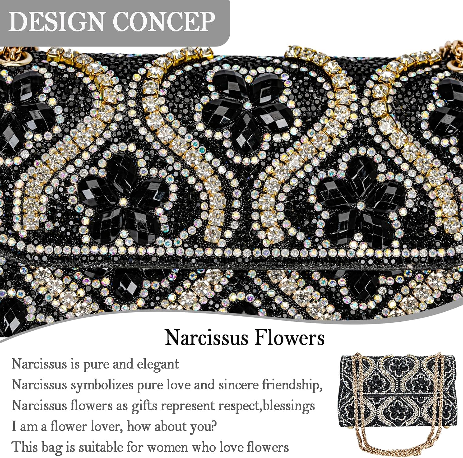 Flower Evening Handbags Chain Strap Square Shoulder Bag Crossbody Bag Crystals Rhinestone Clutch Purse - Image 3