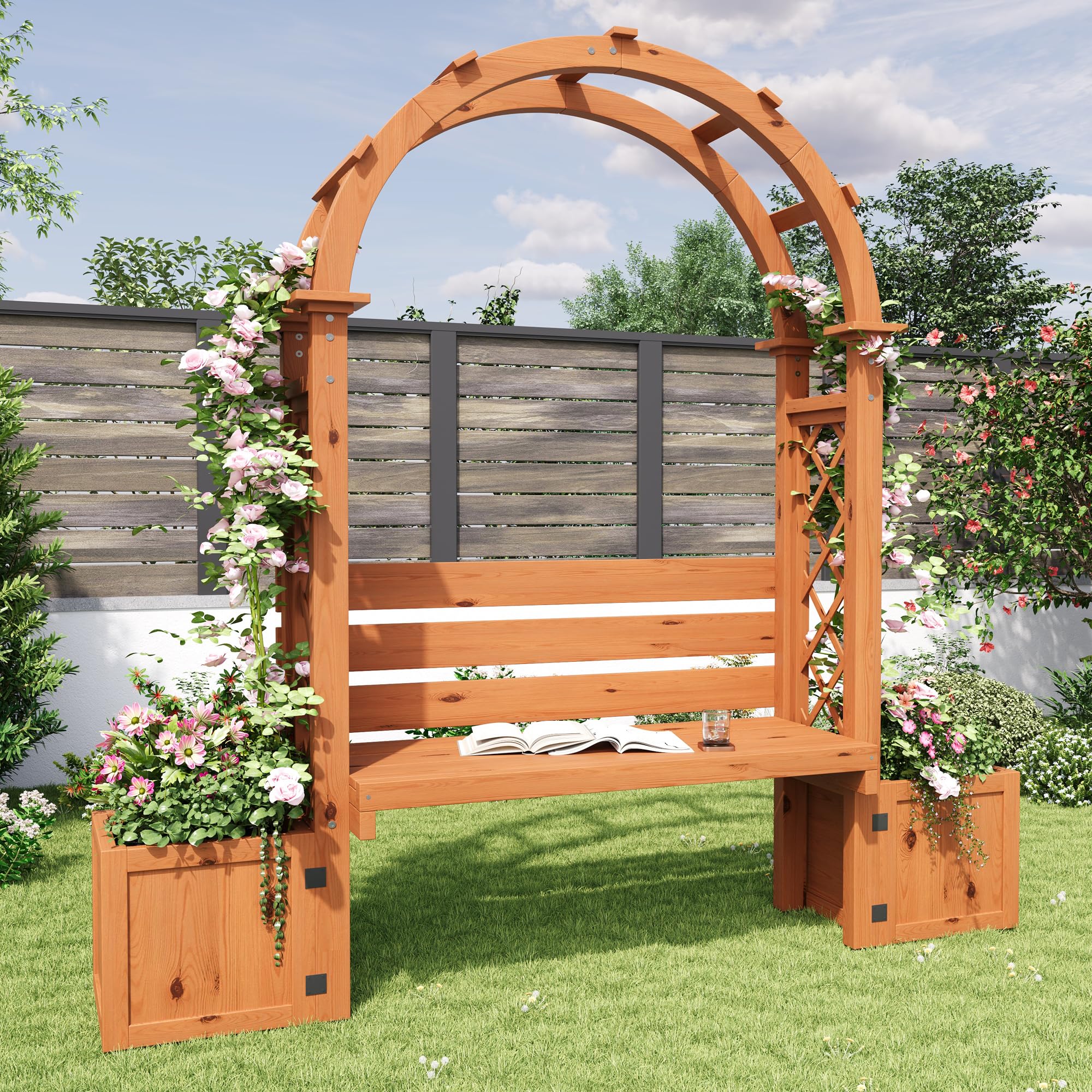 Blumenkasten mit Rankgitter, Pflanzkasten als Sichtschutz für Hof | Für Garten Balkon, Outdoor Pflanzkübel Pflanzgefäß aus Holz, Blumenkübel mit Spalier für Terrasse, 160x160x30,5 cm, Natur