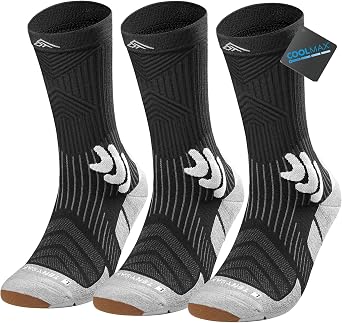 Mens Compression Running Socks Coolmax Athletic Crew Socks Moisture Wicking Anti-Blister Cushion for Hiking 3 Pairs