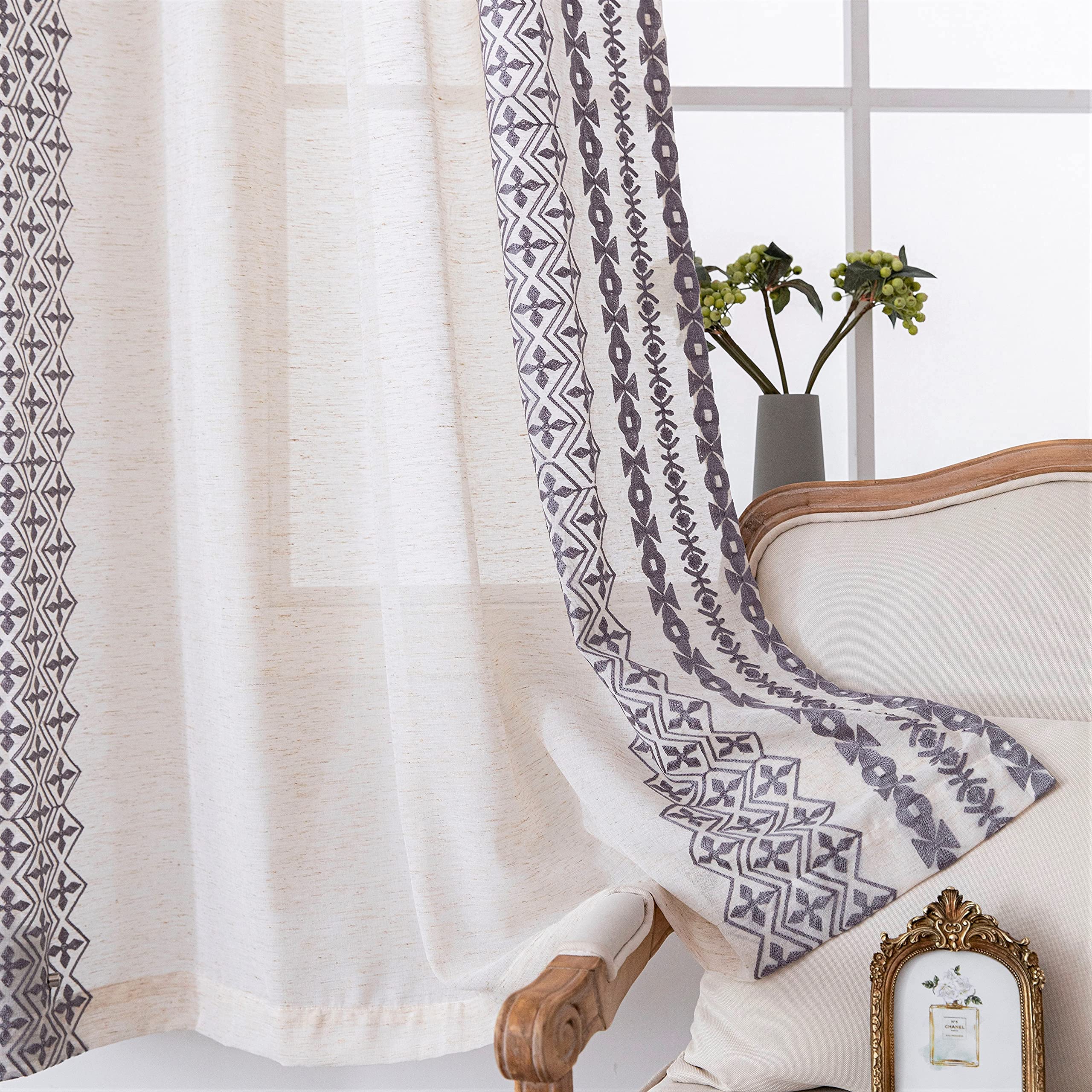 Curtains 96 Inches Long 2 Panels Vintage Boho Embroidered Curtains for Bedroom Living Room Grommet Light Filtering Large Window Curtains Floor Length Drapes for Patio Balcony, 52x95 8ft Long, Grey