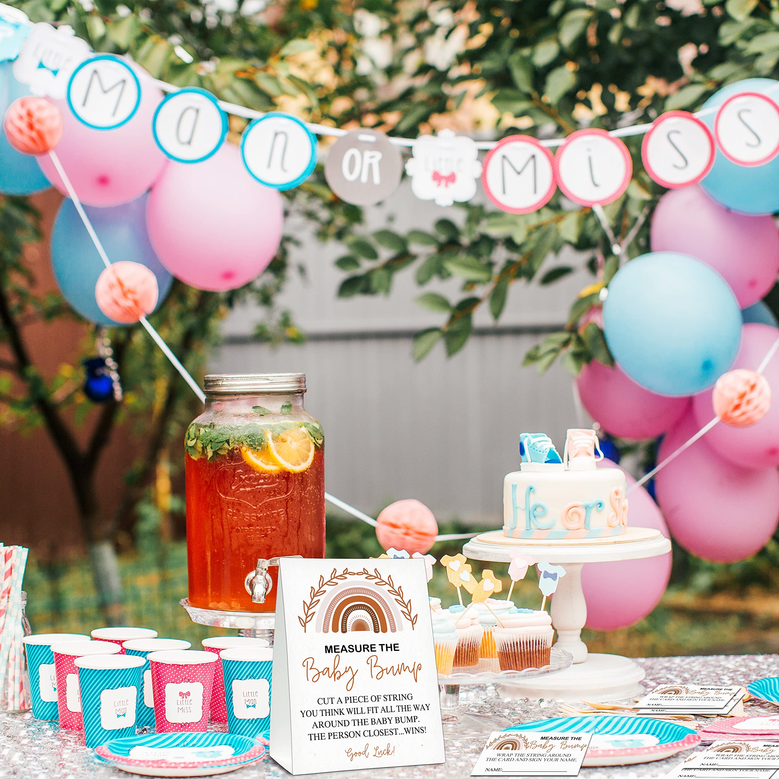 Juego de Baby Shower de Measure the Baby Bump, 1 letrero de pie con 50 tarjetas de adivinanzas, suministros de decoración de fiesta de revelación de género de arcoíris bohemio - B46