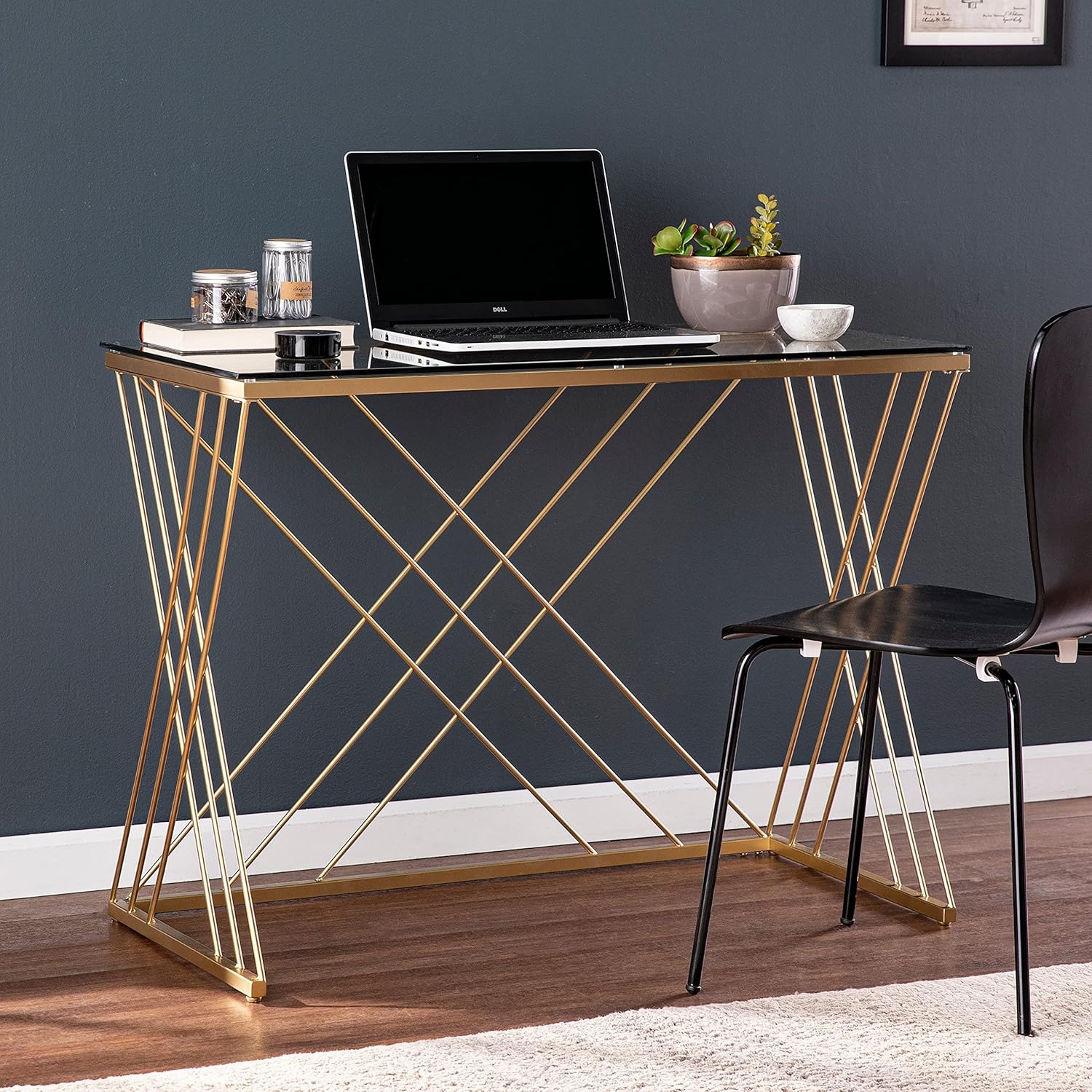 Contemporary Gold Glass Desk Modern Rectangular Metal