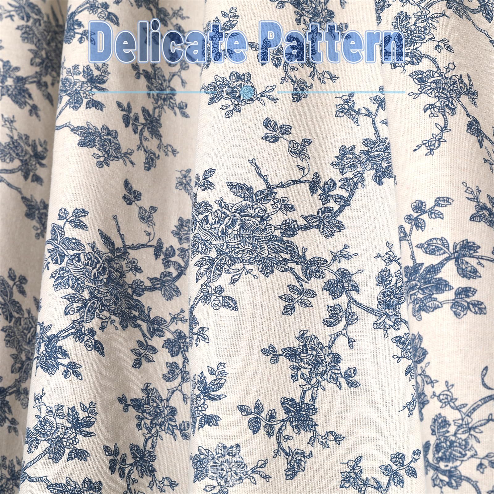 1 paire de rideaux de fenêtre en lin à motif floral bleu de style campagnard rustique filtrant la lumière avec passe-tringle, pompons beiges, 132,1 cm de large x 274,3 cm de long