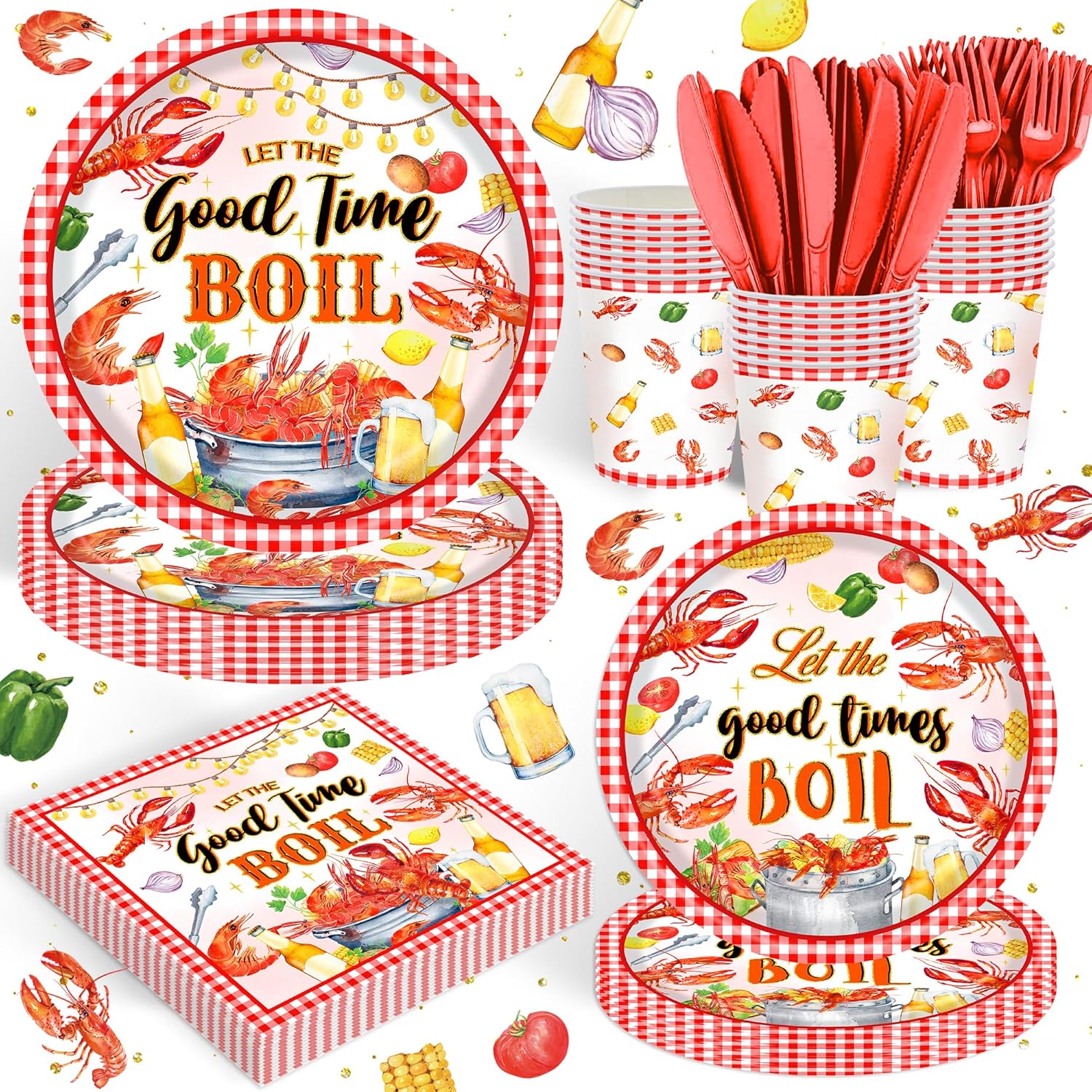 120PCS Crawfish Boil Party Supplies Let The Good Times Boil Crawfish Party Decorations Crawfish Boil Happy Birthday Tableware Set Lobster Seafood Boil Plates Napkins Cups Set for 20 Guests