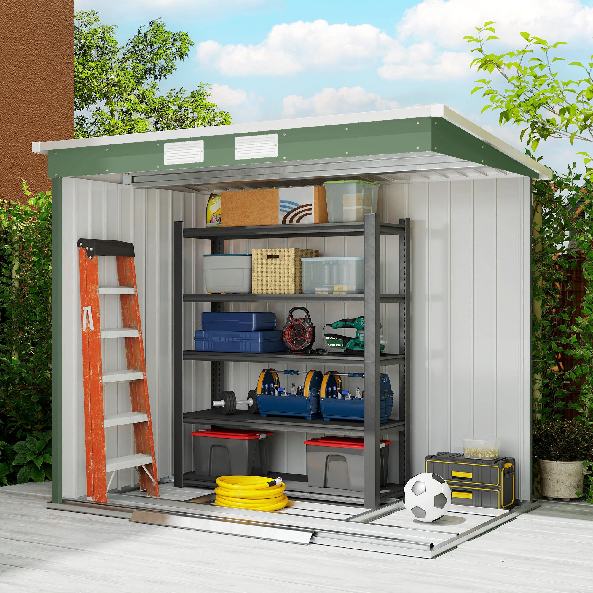 Outsunny Domek na narzędzia 2,42 m², domek ogrodowy z oknem wentylacyjnym, drzwiami przesuwnymi, fundamentem, 213 x 130 x 159/172 cm, szopa na narzędzia ze stali ocynkowanej, odporna na warunki