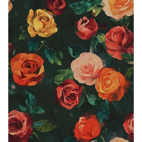 Vintage Floral Wallpaper Peel and Stick,Watercolor Dark Green/Red/Yellow Rose Contact Paper,Boho Wall Paper Self Adhesive Waterproof Removable for Bathroom Shelves Cabinet Drawer Table 17.5" x 118"