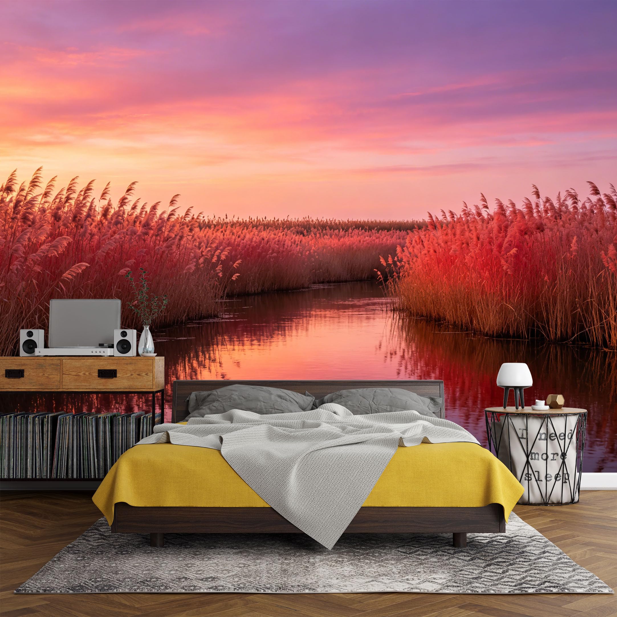 Custom Size Wall Mural， Landscape Sunset Lake Reed Reflection Sky Glow，SelfAdhesive Art Prints wall Fabric (No PVC) Removable Wallpaper Living Room Decor
