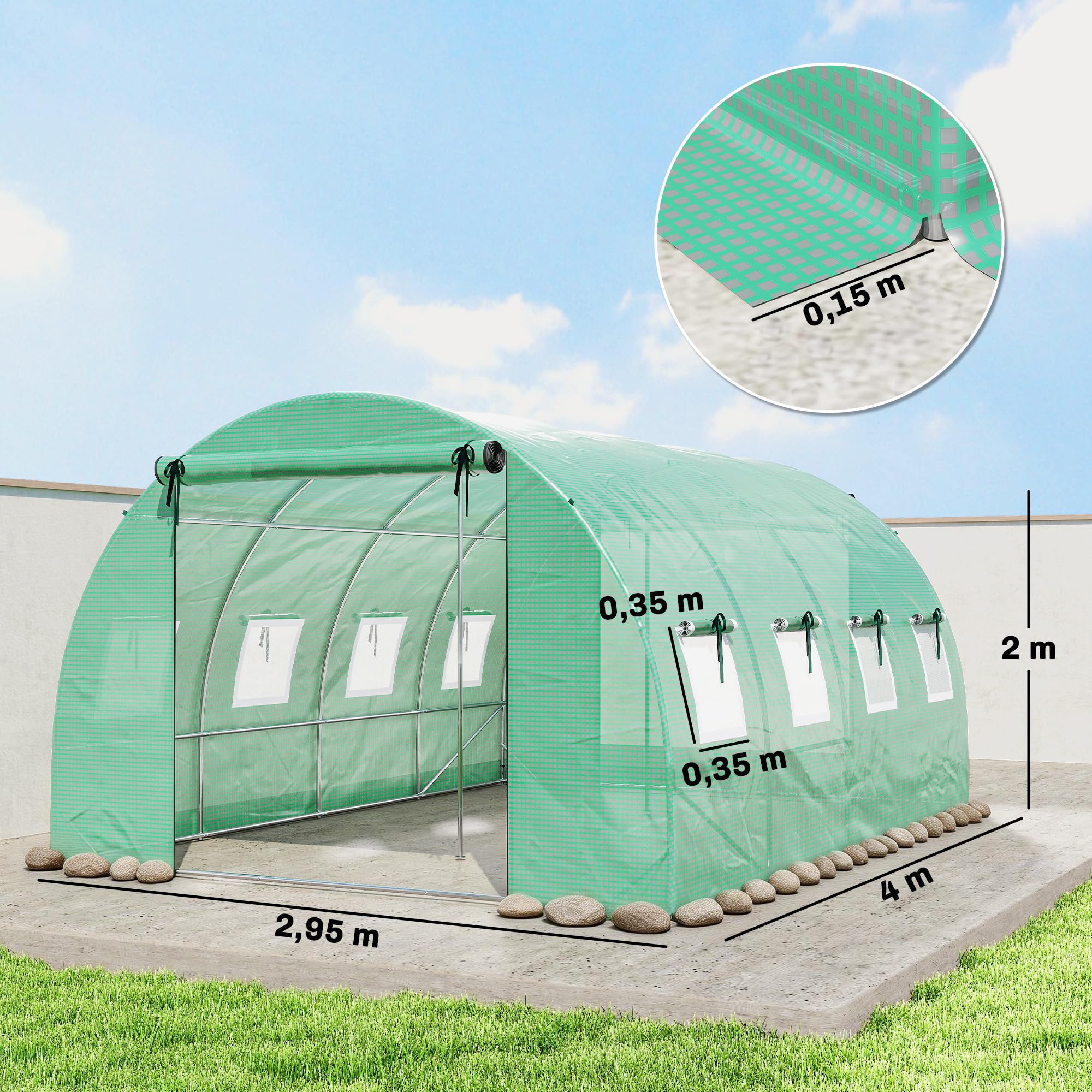 Outsunny Serre Tunnel de Jardin 12m², Serre de Jardin Tunnel 295x400x200cm avec Cadre en Acier galvanisé, 2 Portes et 8 fenêtres avec moustiquaires pour extérieur bâche PE Haute densité 140 g/m² Vert