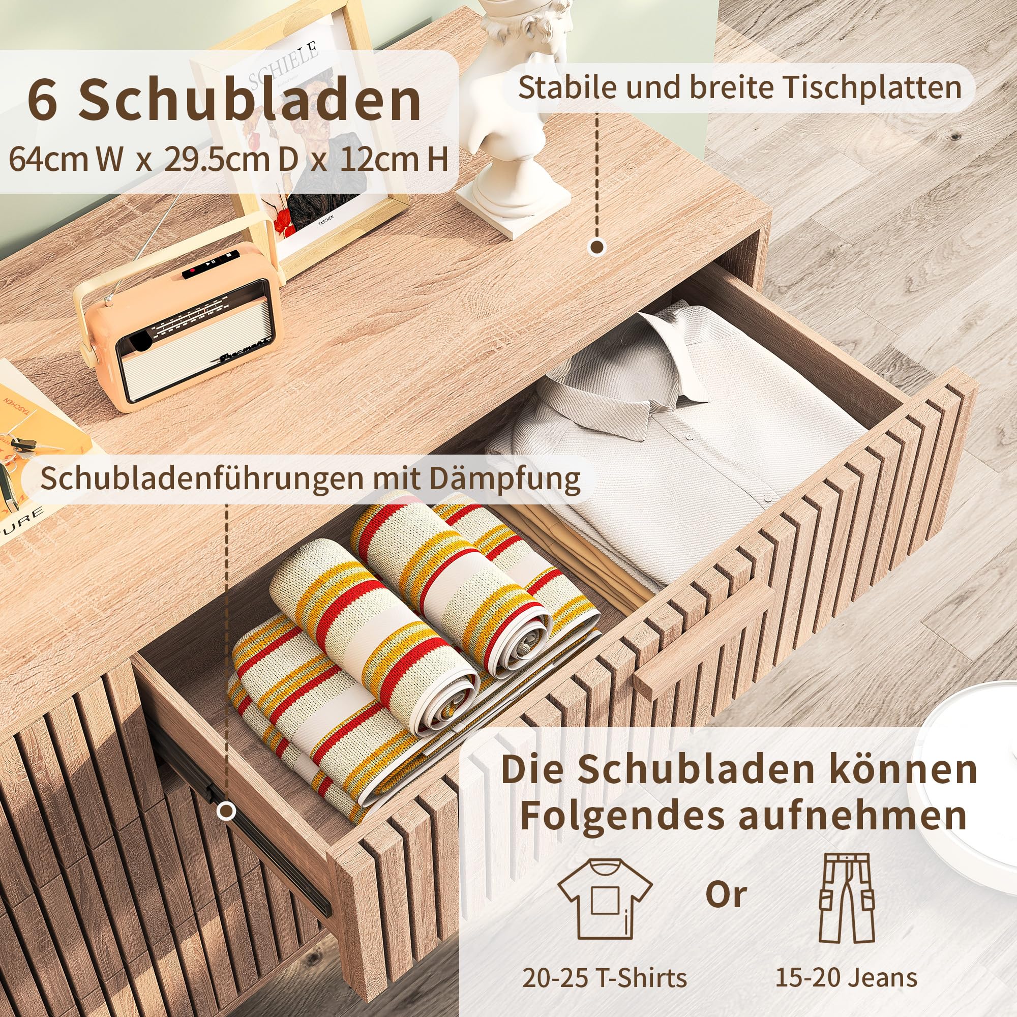Komoda z 6 szufladami, 100 × 34 × 73 cm, rustykalna komoda, drewniany organizer do przechowywania, komody, do przechowywania ubrań w stylu boho, szafka nocna do salonu, przedpokoju,