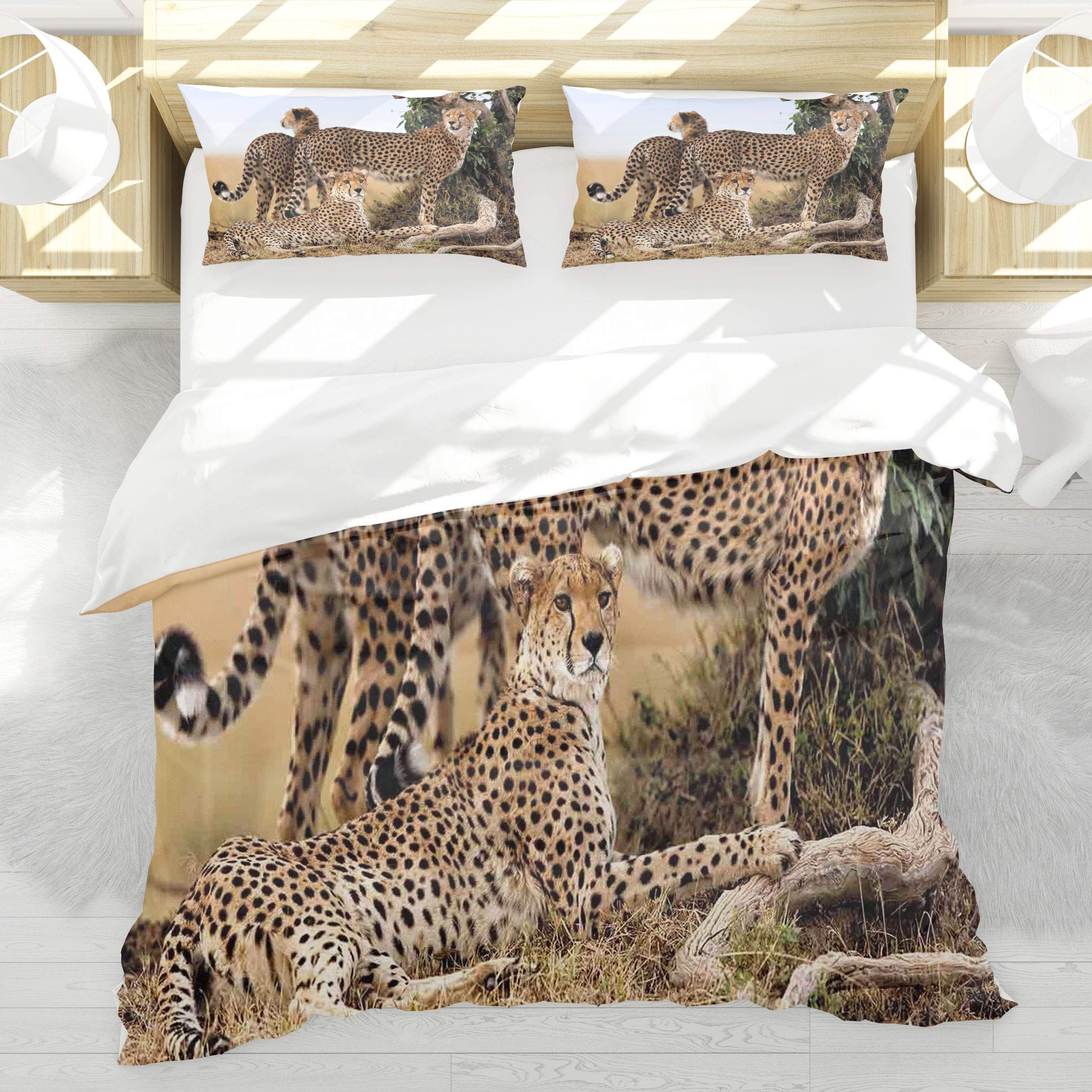 Housse de Couette 140x200cm Guépard et Bébés avec 2 Taies d'Oreiller