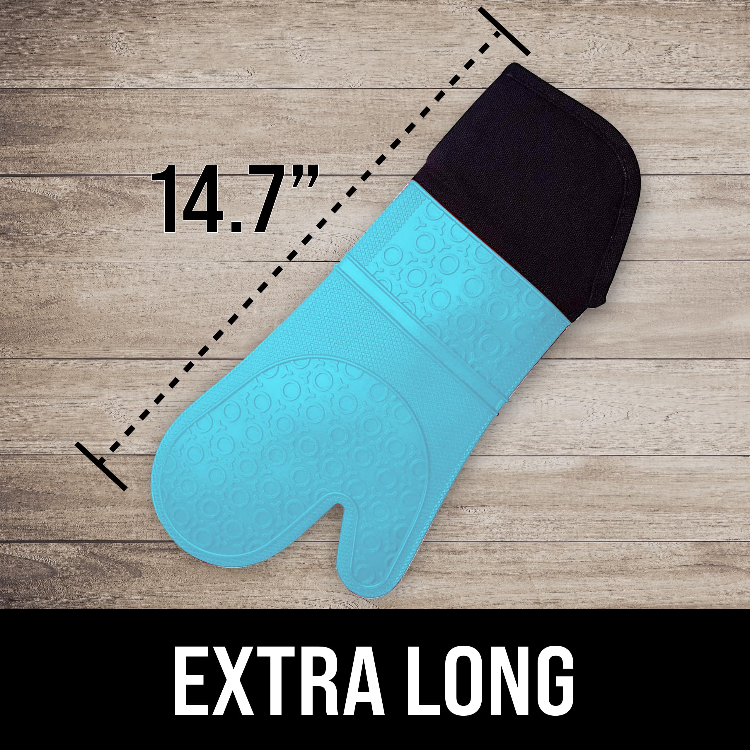BPA-Free Soft Silicone Oven Mitts - Ultra Heat Resistant Oven Mitts with Thick Cotton Liner - Extra Long Slip Resistant Pot Holders, Flexible Oven Gloves - Aqua/Black 14.7" - Image 2 thumbnail