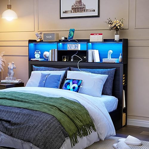 PAKASEPT Queen Headboard with Storage, Modern Bookcase Headboard with Adjustable LED Lights & Charging Station for Bedroom, Fashion Black