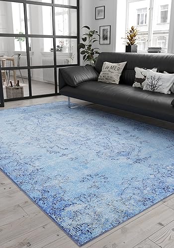 Woolknot ENC1092 - Alfombra vintage azul para sala de estar, alfombra floral, turquesa, pequeña, lavable, bohemio, alfombra estampada envejecida con