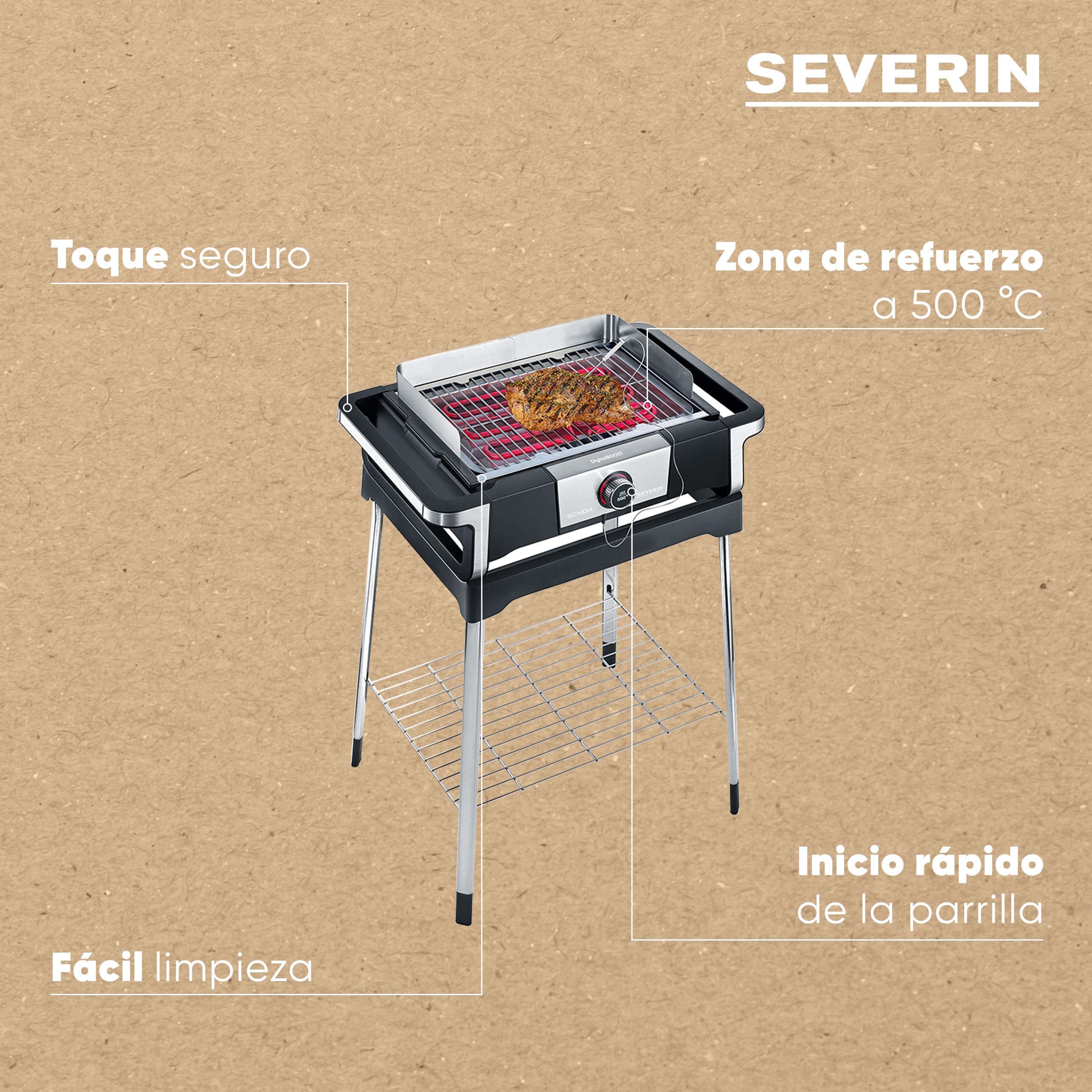 SEVERIN Barbacoa SENOA DigitalBOOST S con parrilla de acero inoxidable, parrilla eléctrica de pie con pantalla OLED digital, mini barbacoa sin riesgo de quemaduras, negro, PG 8118